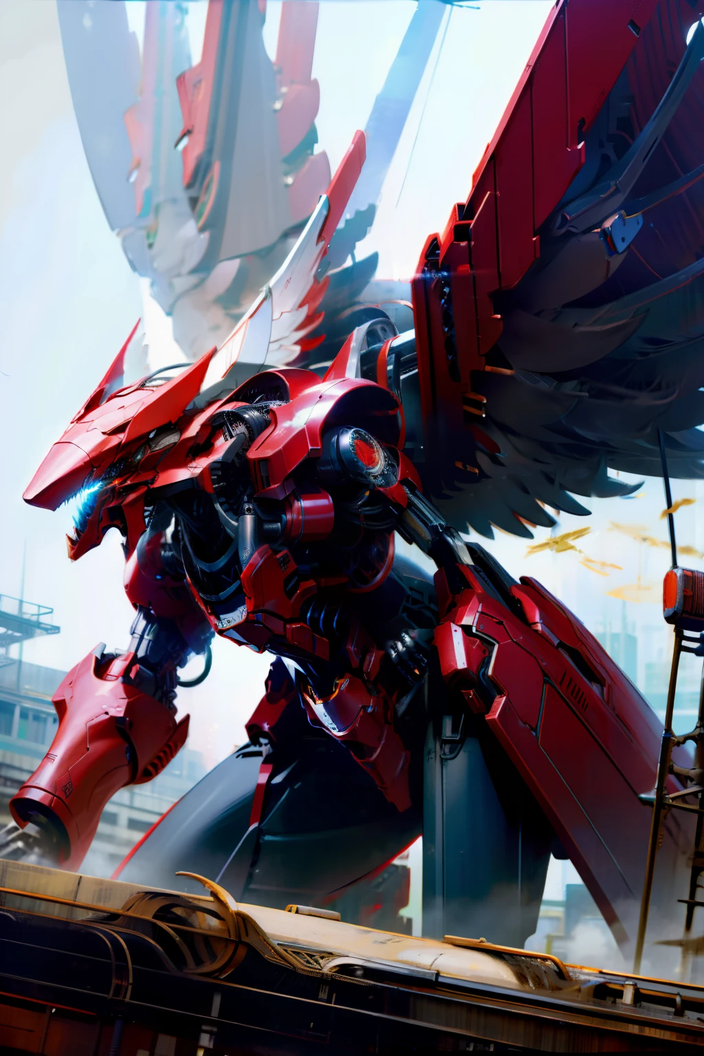 Black red，mechs，angelic halo，Mechanical wings，Huge machinery，城市