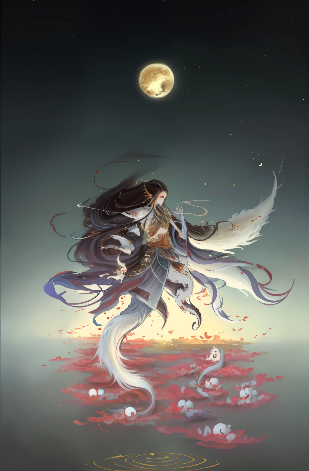 Yamazawa， themoon， Clouds， New Moon， nine tail fox，Skysky， 1girll， Facial features，long whitr hair， 独奏， brunette color hair， painting of a（curly）， natta， jewely， Traditional media， The bird， feater，high high quality，