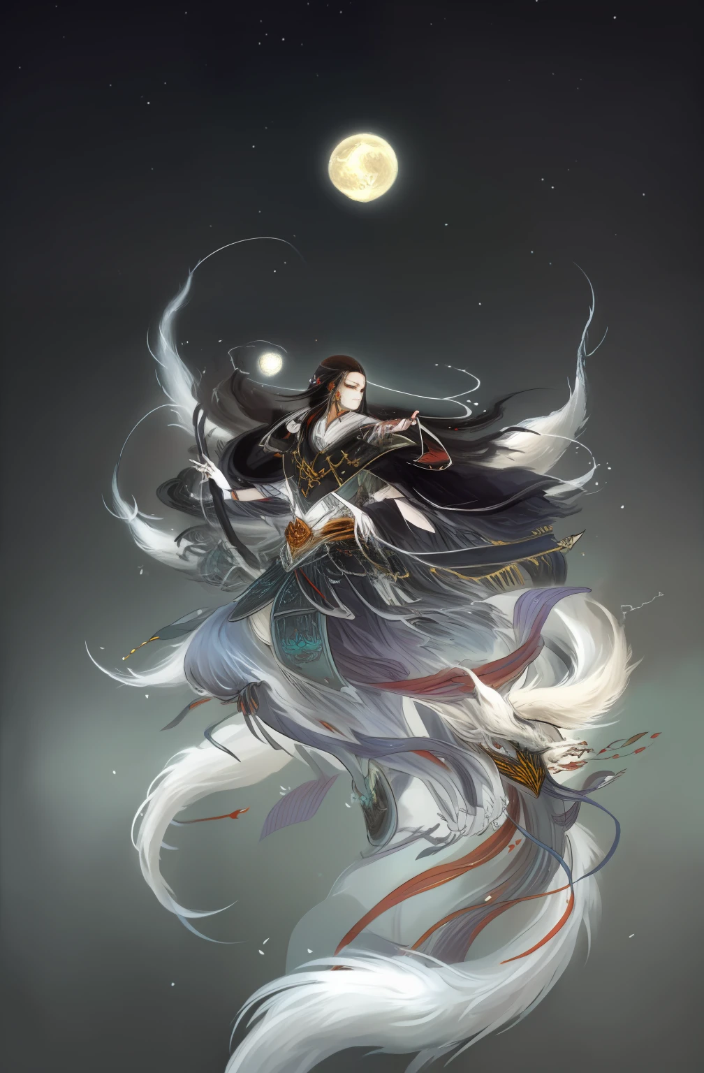 Yamazawa, themoon, Clouds, New Moon, nine tail fox,Skysky, 1girll, Facial features,long whitr hair, 独奏, brunette color hair, painting of a(curly), natta, jewely, Traditional media, The bird, feater,high high quality,