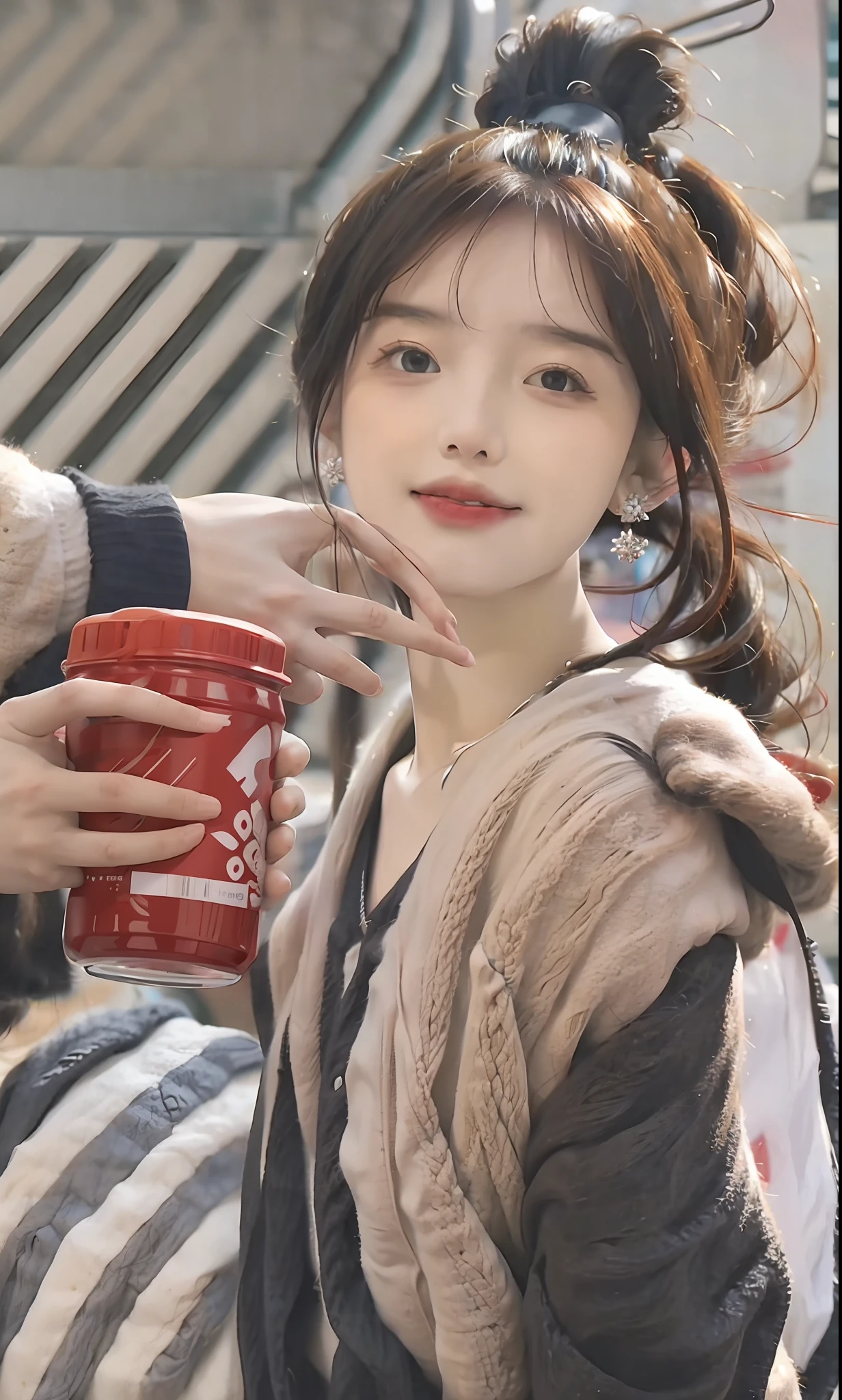 (8k, RAW photo, photorealistic:1.25) ,( 唇彩, 睫毛, 光泽面, 有光泽的皮肤, 最佳质量, 超高分辨率, 景深, 色差, 焦散, 宽光, 自然阴影, Kpop idol) 看着观众带着女神般的幸福，hair bobbles, snowflake hair ornament, ear blush, hair over shoulder, short ponytail, mole under eye, crescent earrings, seductive smile, grin, Surrealism, drop shadow, anaglyph, stereogram, pov, ray tracing, cinematic lighting, 8k, super detail, ccurate, best quality, high details, ccurate, masterpiece, highres