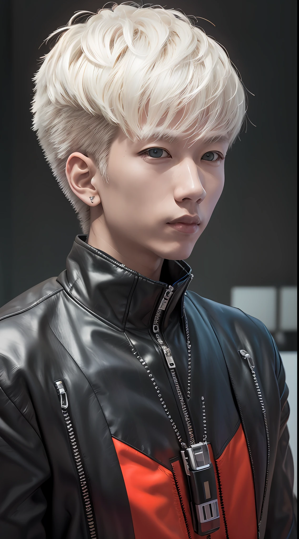 tmasterpiece， best qualtiy， 1 gray-haired boy：1.5，solo，sportrait，self-shot，Bare upper body，Bow your head slightly：0.4，RAW photogr，Best resolution，8K，lightand shade contrast，Edge lights，Real photography photos，cyber punk style，Dim background，globalillumination，depth of fields，Sharpen，shadowing，very complex details， realistic raytraicing，facing at the camera， neon light detail， Mechanical limb， Arm with keys and circuits，mechanical cervical attachment to the neck，Neck remodeling，Body makeover，filmgrain， color difference， sharp detailed， 动态照明， cinmatic lighting。