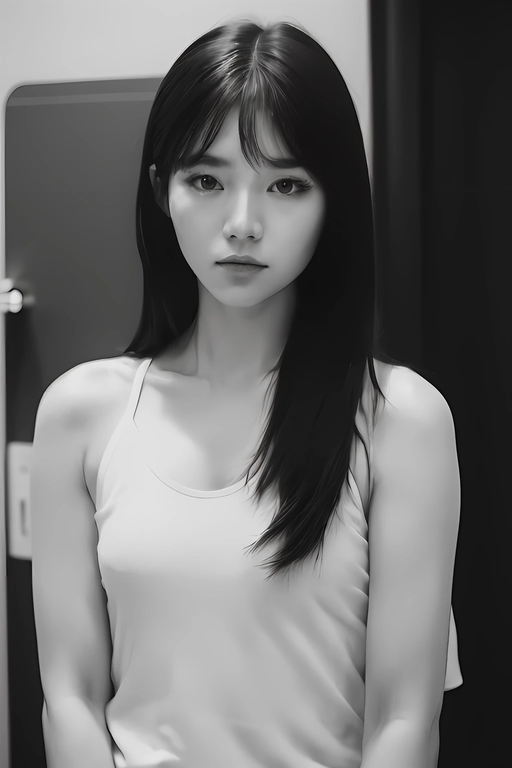 Aesthetic photograph of a stunning Korean kpop idol, capturing the essence of summer with a hint of sensuality, characterized by a delicate film grain texture resembling Ilford HP5, emphasizing the subject's allure and shot with an 80mm lens.
