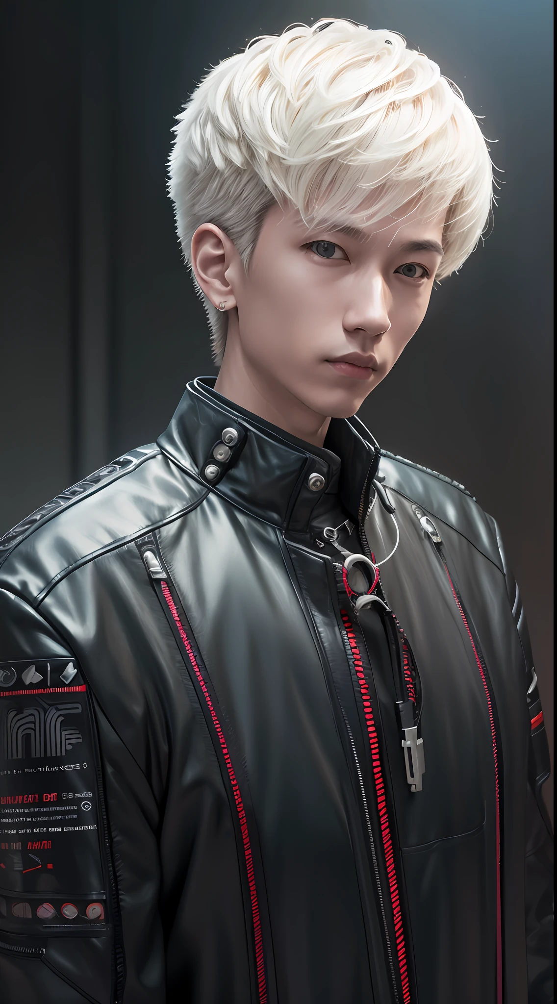 tmasterpiece， best qualtiy， 1 gray-haired boy：1.5，solo，of a real，sportrait，self-shot，Bare upper body，Bow your head slightly：0.4，RAW photogr，Best resolution，8K，lightand shade contrast，Edge lights，Real photography photos，cyber punk style，Dim background，globalillumination，depth of fields，Sharpen，shadowing，very complex details， realistic raytraicing，facing at the camera， neon light detail， Mechanical limb， Arm with keys and circuits，mechanical cervical attachment to the neck，Neck remodeling，Body makeover，filmgrain， color difference， sharp detailed， 动态照明， cinmatic lighting。