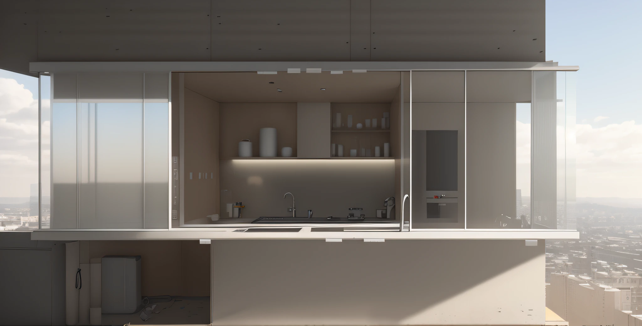 There is a kitchenette in a glass box on the side of the building, archviz, architecture visualization, akihiko yoshida. illusory engine, video still, architecture visualization, architecture render, animation style render, detailed archviz render, high render, detail render, keyframe, realistic establishing shot, archviz, inspired by Ryoji Ikeda, ryoji