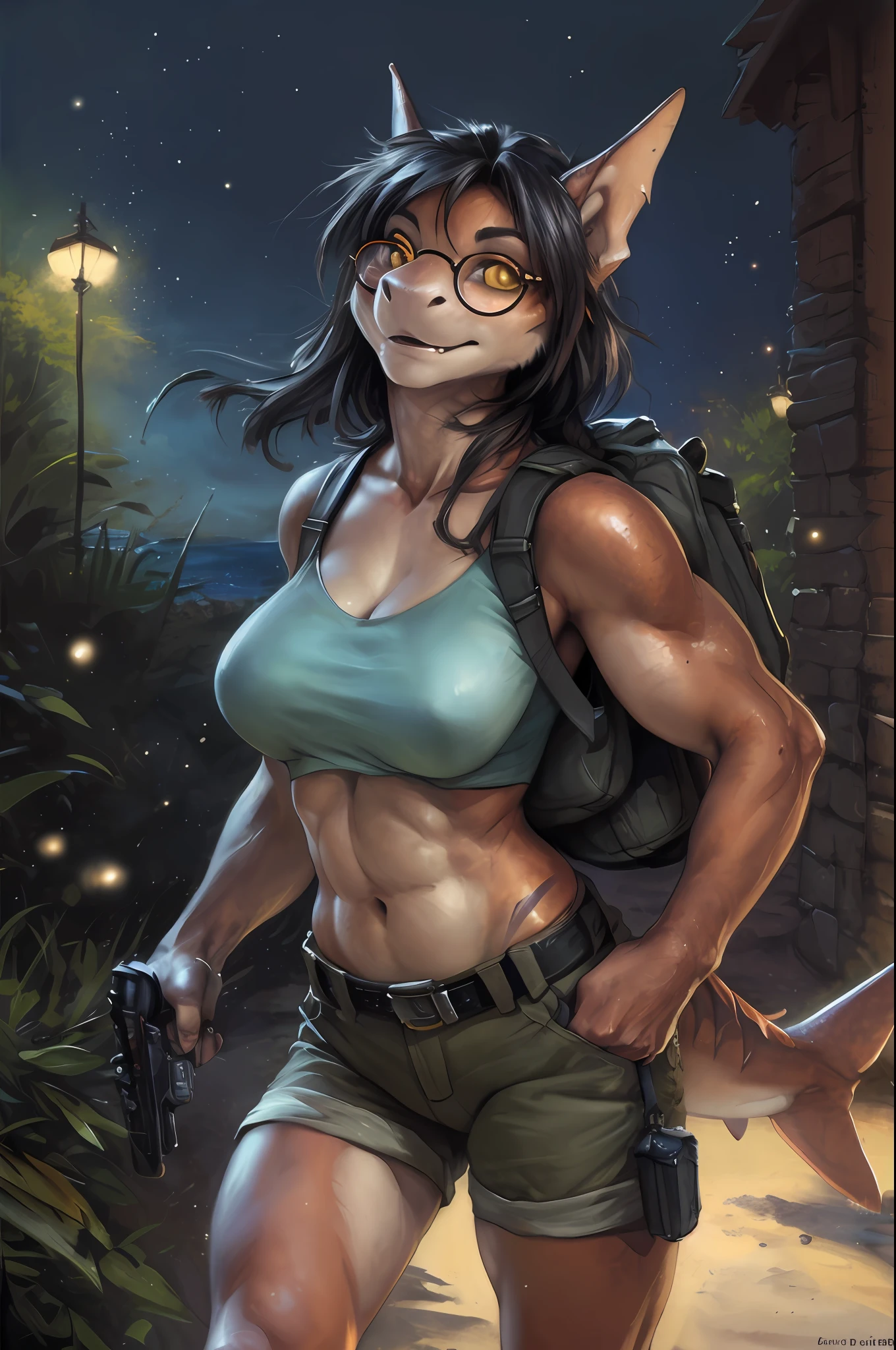 solo, (beautiful female:1.4), (nice shark girl),  ( fit, abs), busty, big erect breasts, erect nippleslips,  slim waist,  (black hair),  ( female shark | Lara Croft ), (((female))),  orange body scales, white belly,  (kemono:1.5), features of Angelina Jolie,
( khaki shorts ), lightblue crop top, ( two pistols-gans on hips ), wide belt, long braid, ( (red) round glasses :1.2), (red glasses), ( small backpack on her back:1.2), army boots,  e621, (female body),  slim sports body, 
 shark tail, cameltoe,  (body portrait), [slim swimsuit], 
(detailed eyes, detailed pupils, yellow eyes, glowing eyes),
(outdoors),   ocean beach , candle, night, (particles ,firefly, blue glowing), seeker of adventures
detailed background, photorealistic, realistic hands, 8k HD,
(dark shadows, wide dynamic range, hdr, low light:1.2),
by (by Pino Daeni, (by ruaidri), (by virtyalfobo), (by Kenket). by iskra, by darkgem,