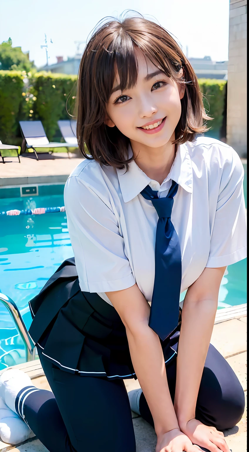 ((8K、Raw photography、top-quality、​masterpiece)、(realisitic、photorealisim:1.37)、(top-quality)、(Best Shadows)、(The best illustrations)、鎖骨((爆乳))、((A sexy、超A high resolution、High Definition CG Unified 8K Denden Wallpaper、physically-based renderingt、Cinematographic lighting)、25 year old girl、 (sockes、high-school uniform:1.2), beautiful finely detailed eyes, Light on the Face, ((FULL BODYSHOT:1.2)), especially strong light, (Grinning smile:1.2),glowy skin、( thick thight), full of shyness, (The Flash:1.2), NSFW, (puffies, ((enchanting posture:1.2, enticing:1.2)),face perfect、爆乳、Schools、full body Esbian、Pants are visible through the skirt、kawaii faces、Brown hair、in poolside、2 women、short-hair、Multiple people