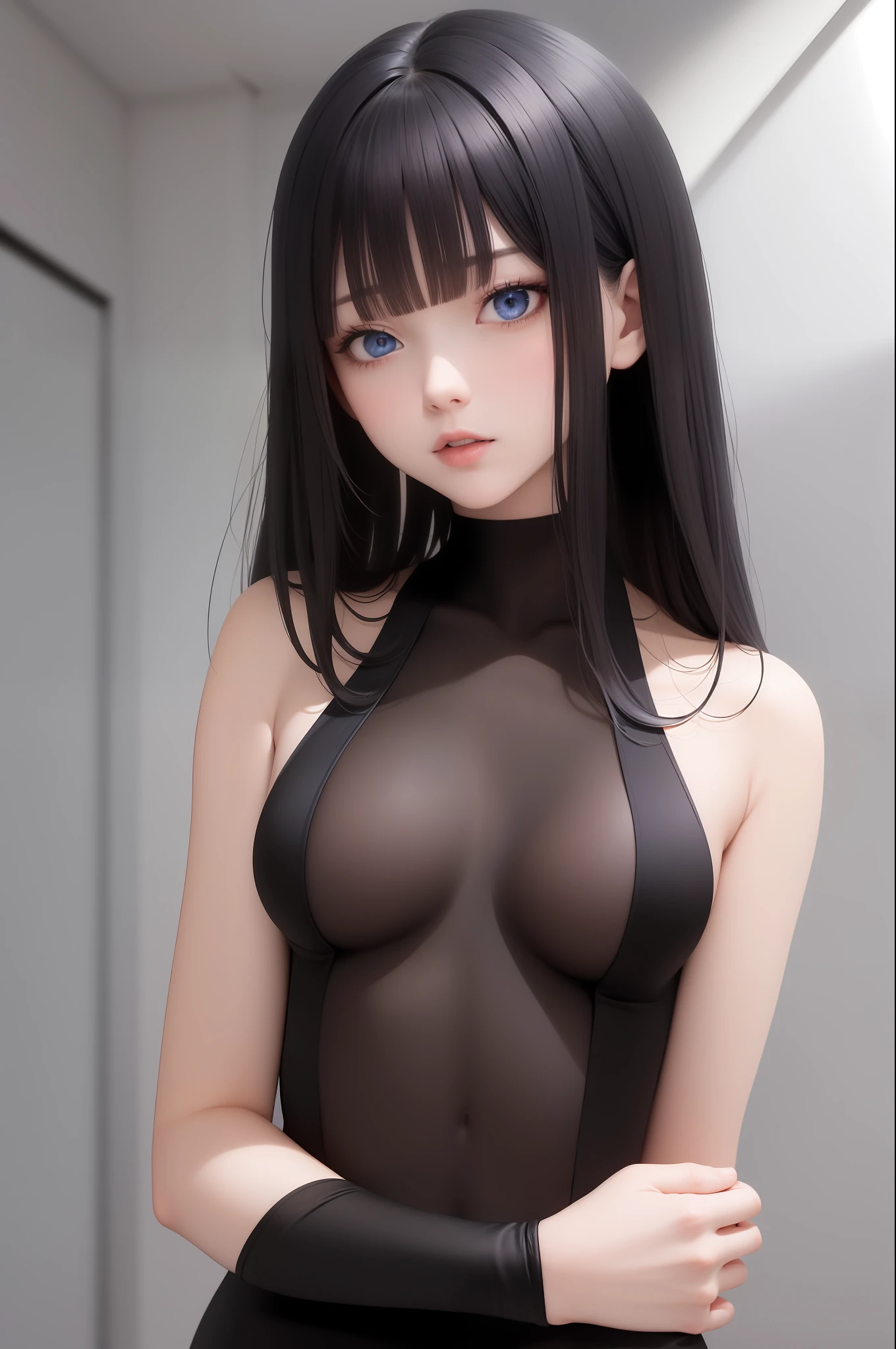 best quality, masterpiece,Black hair, blue eyes, looking up, upper body, sexy