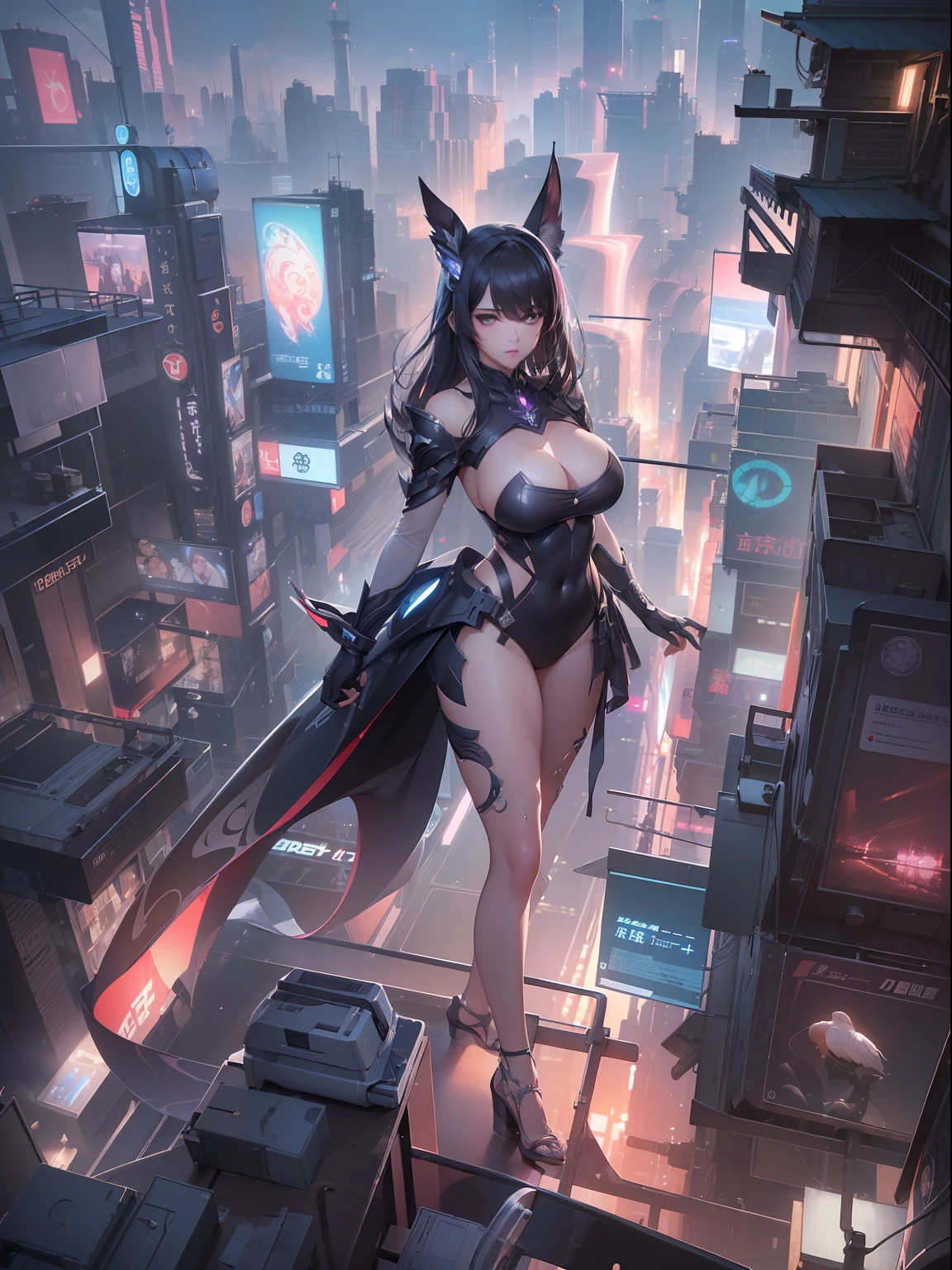 (((tmasterpiece)))、(((top-quality)))、((ultra-definition))、(High Definition CG Illustration)、((Extremely Delicately Beautiful))、overlooks、The future city、 Cinematic light、cyber punk city、anime big breast、trending on artstationh、Rachel Walker、