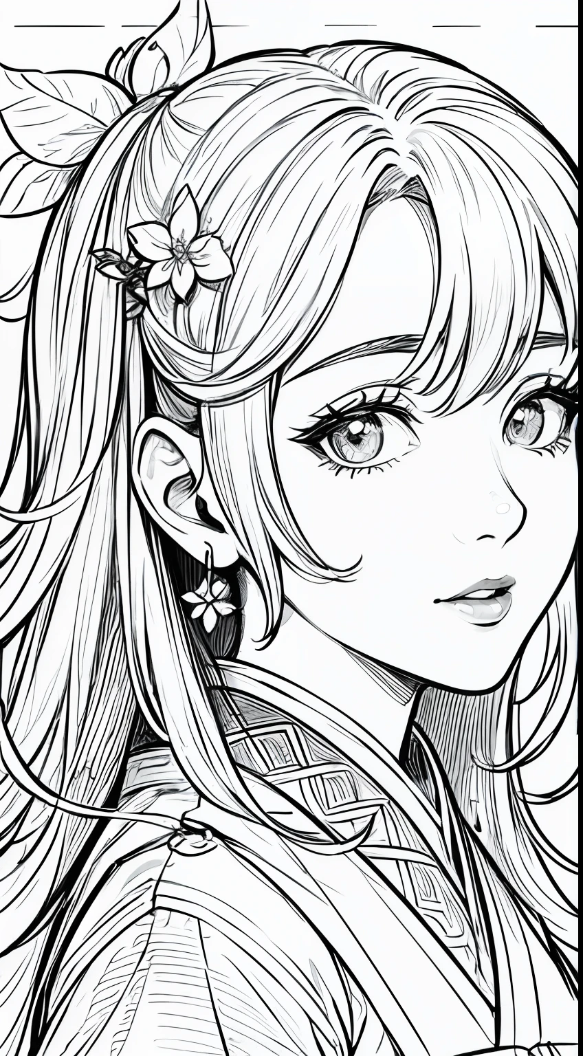 obra-prima, acura, boneca, solo, hanfu, cabelo longo, perfil close-up, fundo de desenho de linha de flor, fundo branco, monocromatic, desenho de linha, ((sketchfab))obra-prima, melhor qualidade, Monochromatic Magical Adventures, in sky