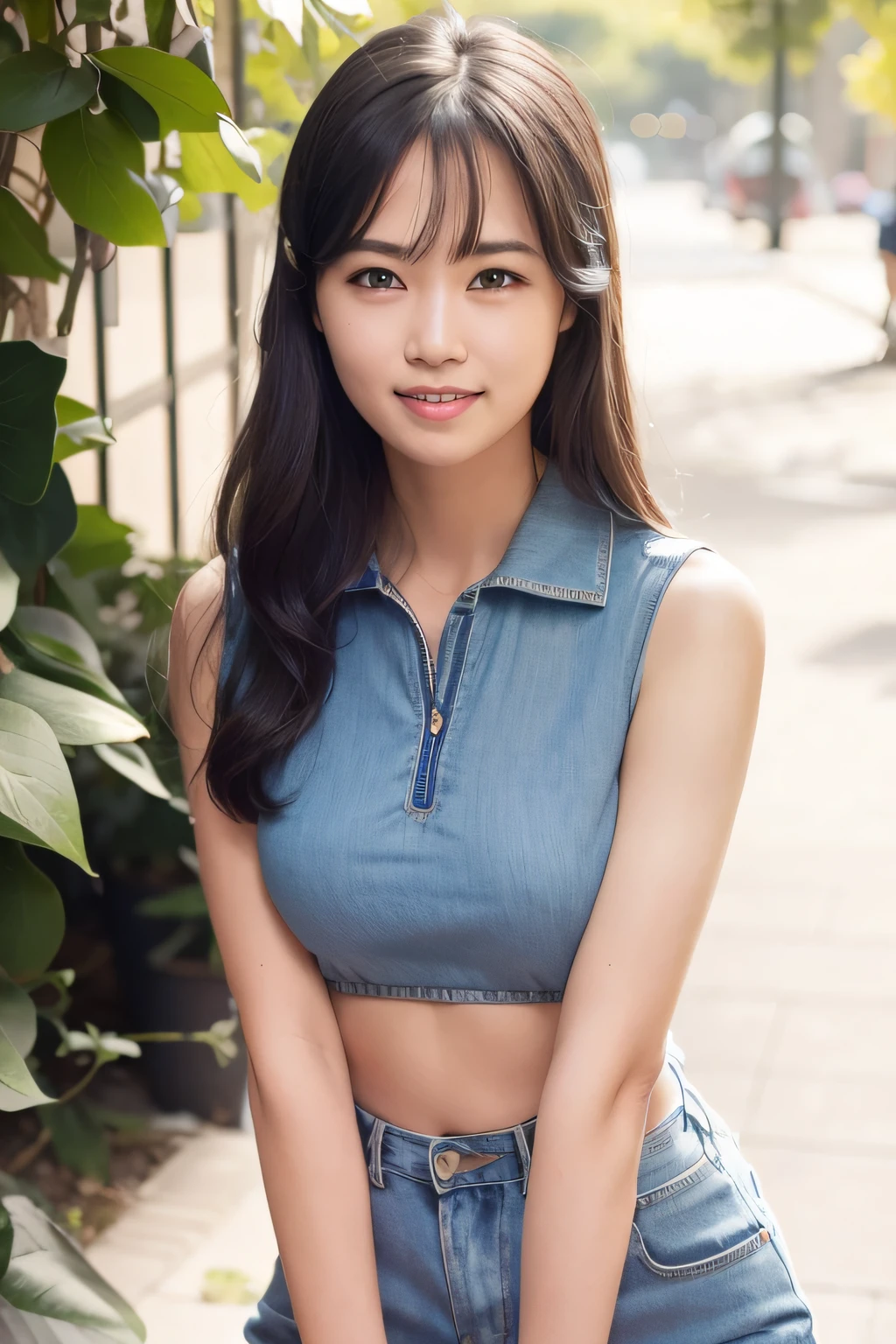 Woman in blue shirt and jeans poses for photo、a smile、campus