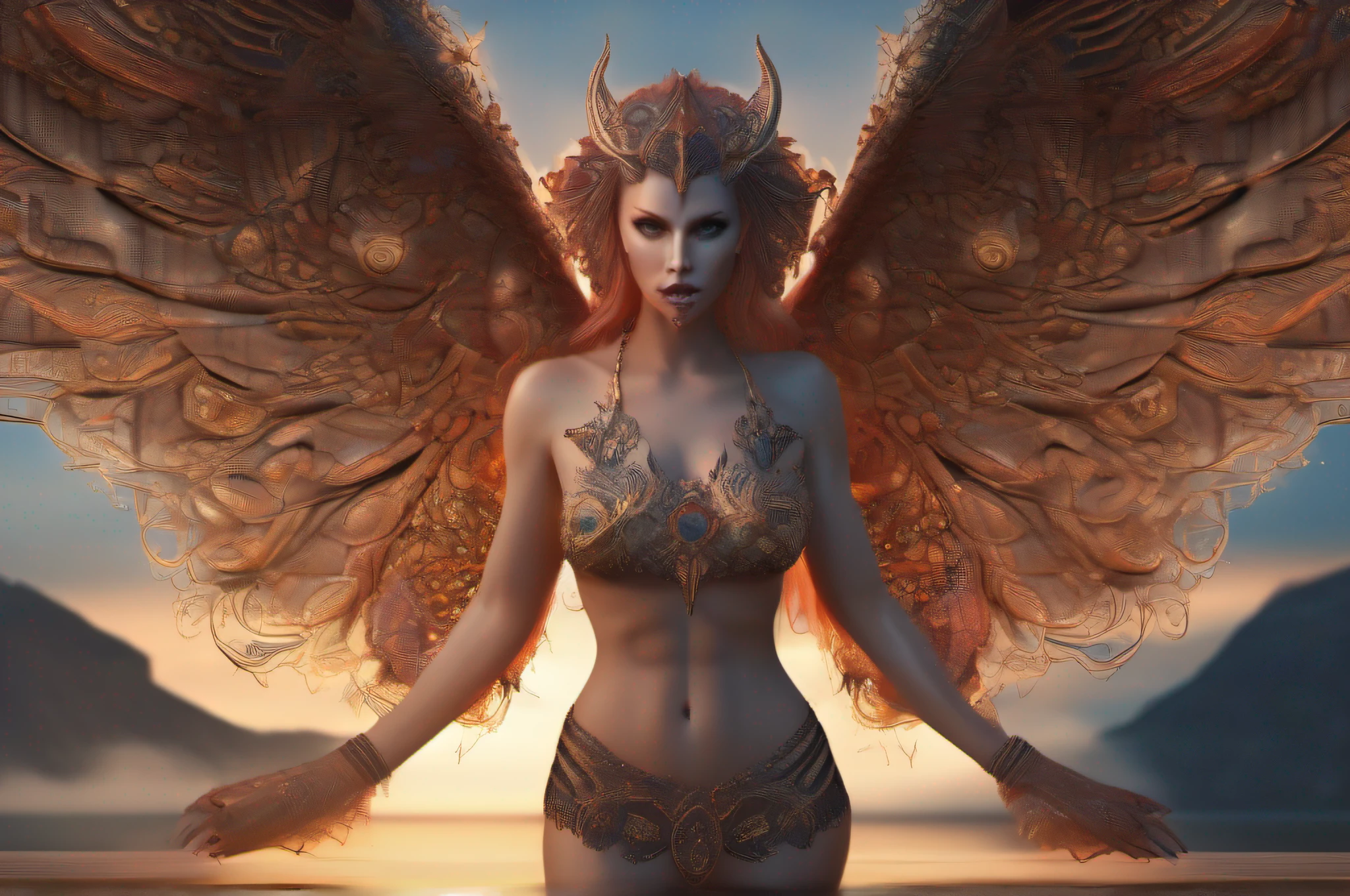 (((fullbody))) an adult demon angel lady nudity, high resolution, prefect outfit, surrounded by soul vendors, color hair, silly eyes, bad smile, natural fantastic looks, strong power, elegant incredible stunning fantastic, elegant background, with intricate details and hyper-realistic textures. This stunning artwork is in 8K resolution and has a trending style on art station or a popular NFT and was created by famous popular artists. unreal engine finish, stunning image. a stunning realistic photograph 30 years. fractal isometrics details bioluminescent, The incredible background, incredible artwork for NFT platform, elegant photograph.