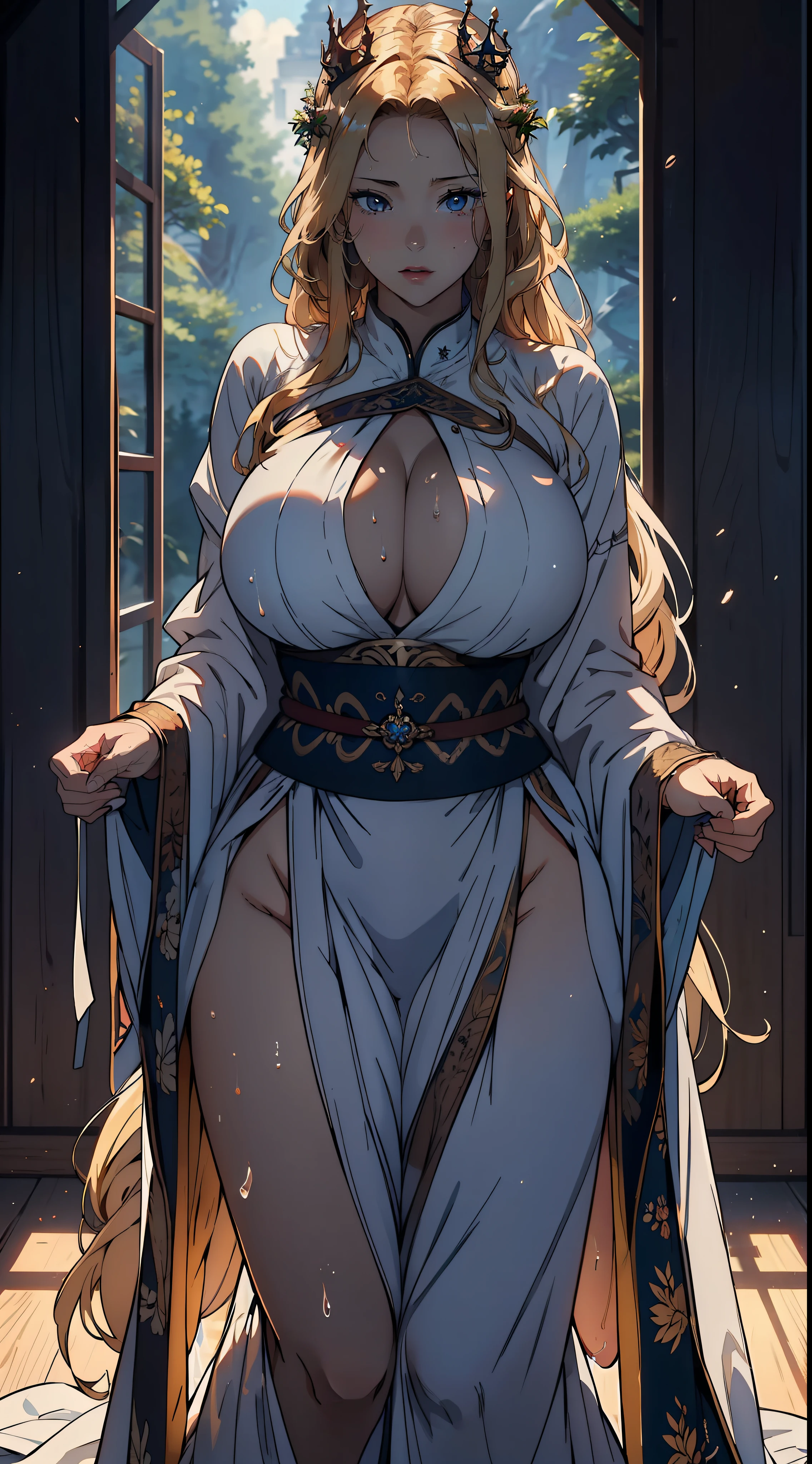 1female,36 years old,Huge breasts, 独奏,king arthur,Wearing a crown,coniferous forest, Dressed in white court robes, She has long flowing blonde hair, standing on your feet,Bigchest,Wet straight hair,Sweat profusely,drenched all over the body, From the front to the audience, hair straight, mostly cloudy sky,(((tmasterpiece),(Very detailed CG unity 8K wallpaper),best qualtiy,cinmatic lighting,detailed back ground,beatiful detailed eyes,Bright pupils,(Very fine and beautiful),(Beautiful and detailed eye description),ultra - detailed,tmasterpiece,)),facing at camera,A high resolution,ultra - detailed),beautifullegs,Very long hair,Emotive expressions,Open-mouthed,Chest sagging,nakeness, Bulge,Expose the genitals,revealing breasts,Camel toes,with no underpants,extremely large bosom,Extremely colorful,Most detailed,fully body photo,The face is well lit