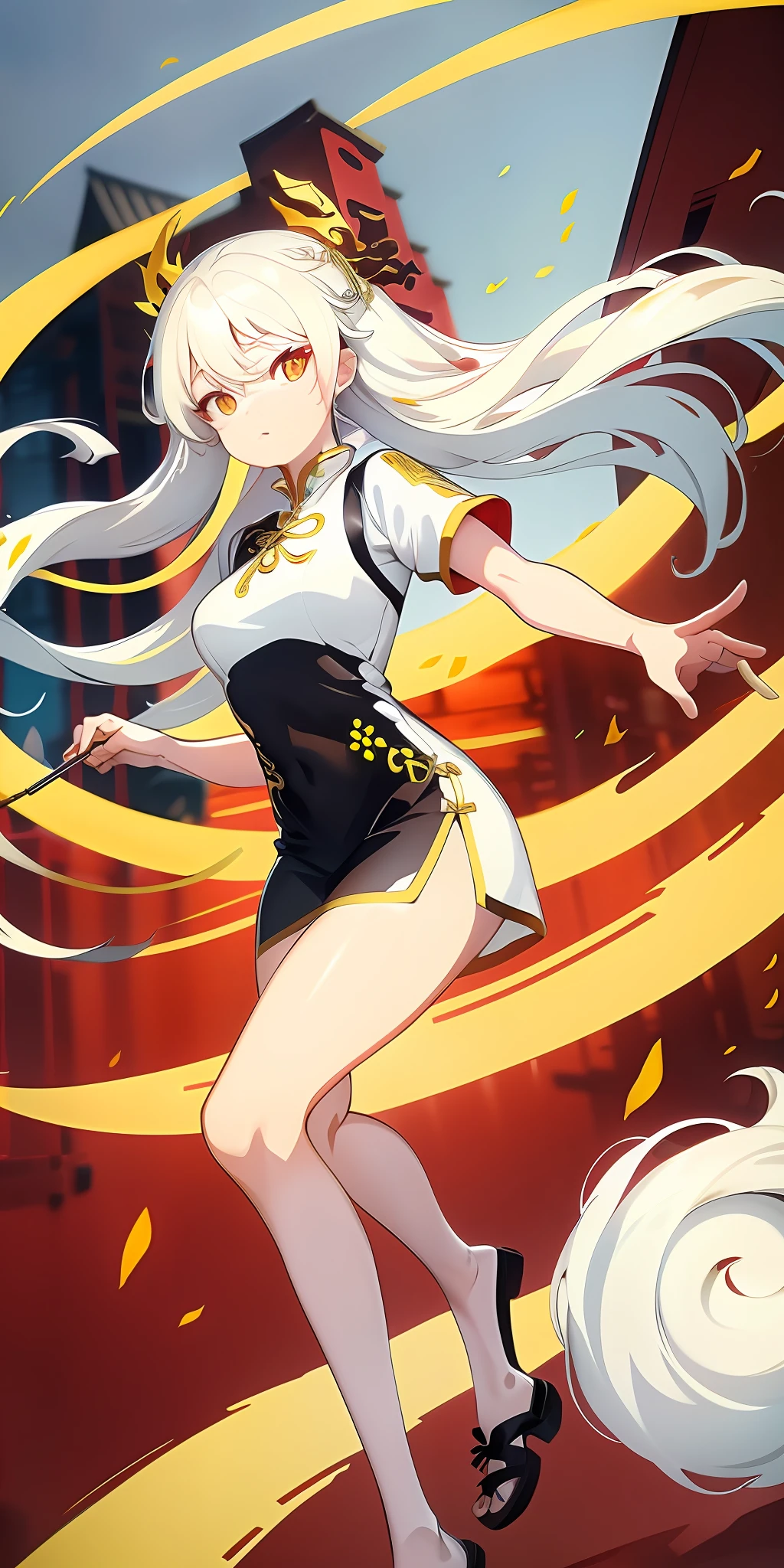 whaite hair,long whitr hair,Yellow and white cheongsam,naked leg,Wooden hairpins,Red Eyeshadow