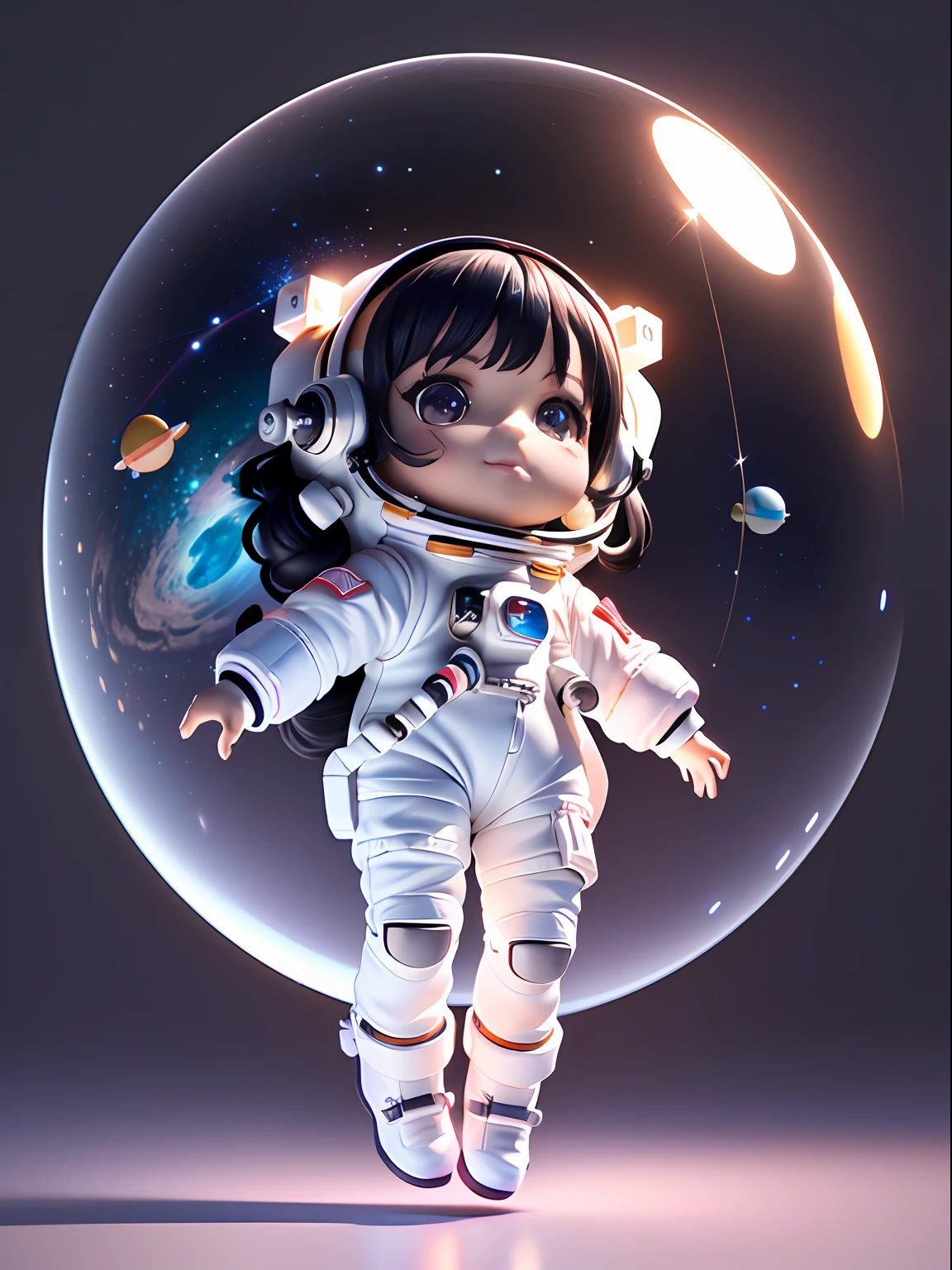 Super cute girl full body 3D drawing, 1pc, good looking eyes, big eyes, cute, happy, c4d, pop matt blind box, glowing bubbles, toys, solid color background, chibi, fluorescent translucency, luminous body, kawaii, doll, (((astronaut, white spacesuit)))), reference sheet, pop mart blind box, Pixar, intricate details, 3d rendering, blender, oc renderer, fol reference body sheet, dribble, High Details, 8K, Studio Lighting, Loli, Petite, Child, Chibi, SD characters: 1.1, Magic Space Background, Flying, Levitating, Black Hair