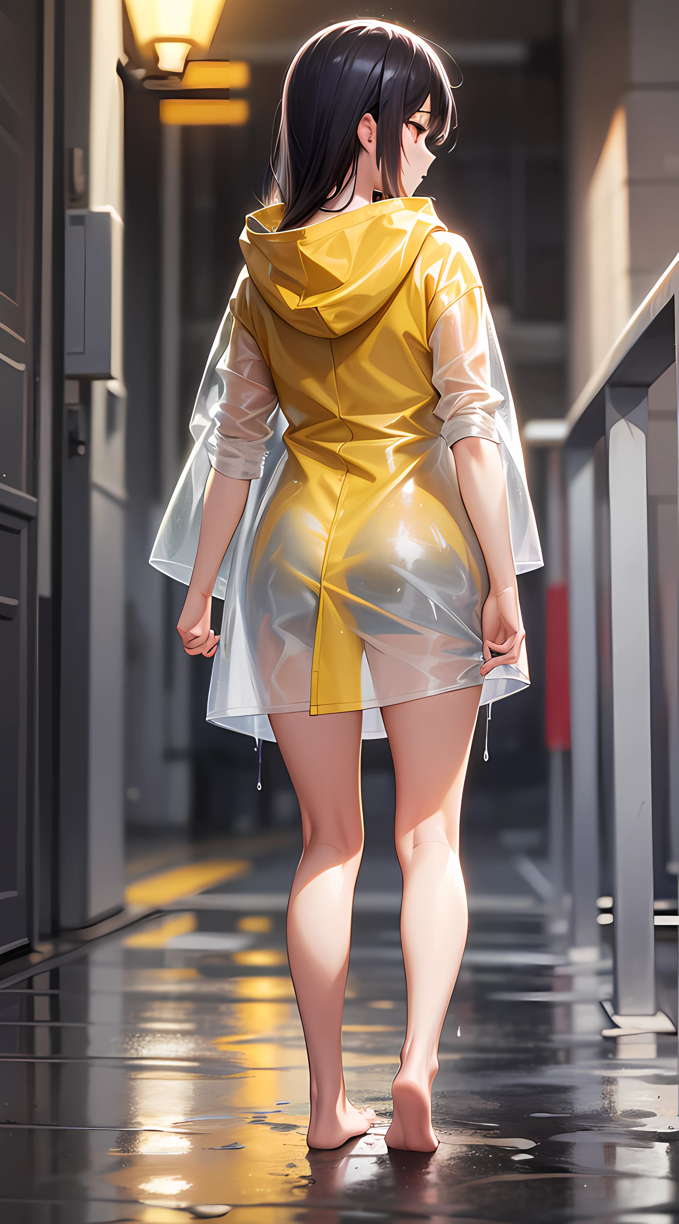 Yellow hood raincoat girl,Back view,Barefoot and barefoot,Accentuates the raincoat gel texture,Accentuates the translucent texture of the raincoat。