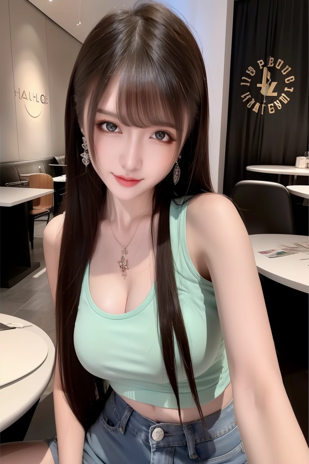 （realisticlying， A high resolution：1.3）， 1 girl with a perfect body， Super fine face and eyes，long whitr hair， Tank top of random colors：1.2， short jeans pants， in a cafe， Coffee on the table， huge tit，