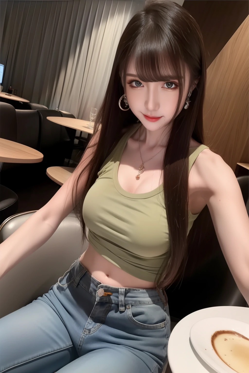 （realisticlying， A high resolution：1.3）， 1 girl with a perfect body， Super fine face and eyes，long whitr hair， Tank top of random colors：1.2， short jeans pants， in a cafe， Coffee on the table， huge tit，