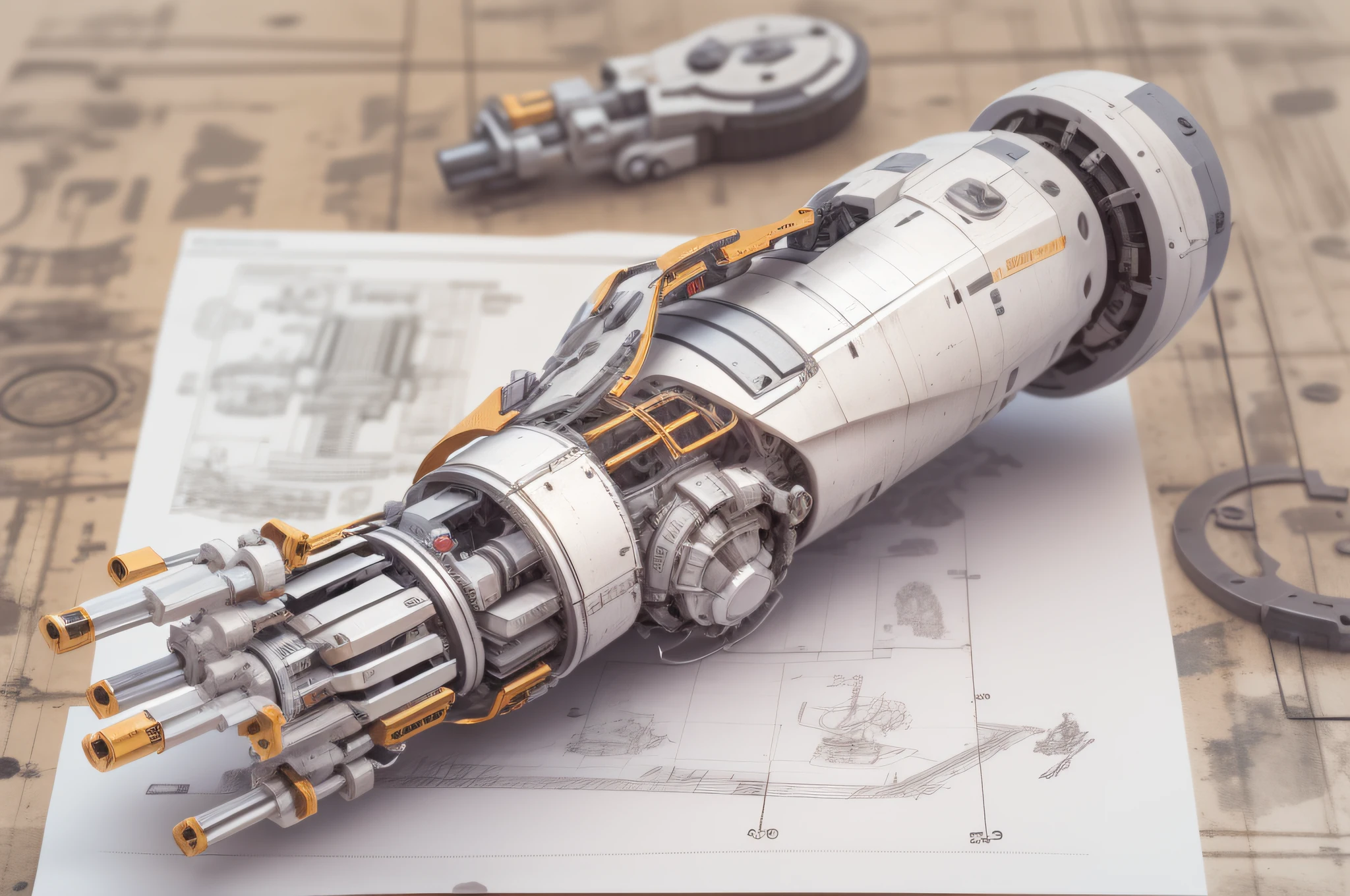 Complex robotic arm design, precise mechanical structure, on a piece of paper, with the main body being a robotic arm and local sketches displayed around it, industrial design, 3D modeling, master hand drawing, conceptual design, 8k 50 --v 5.2 - Variations (Strong) --s 2