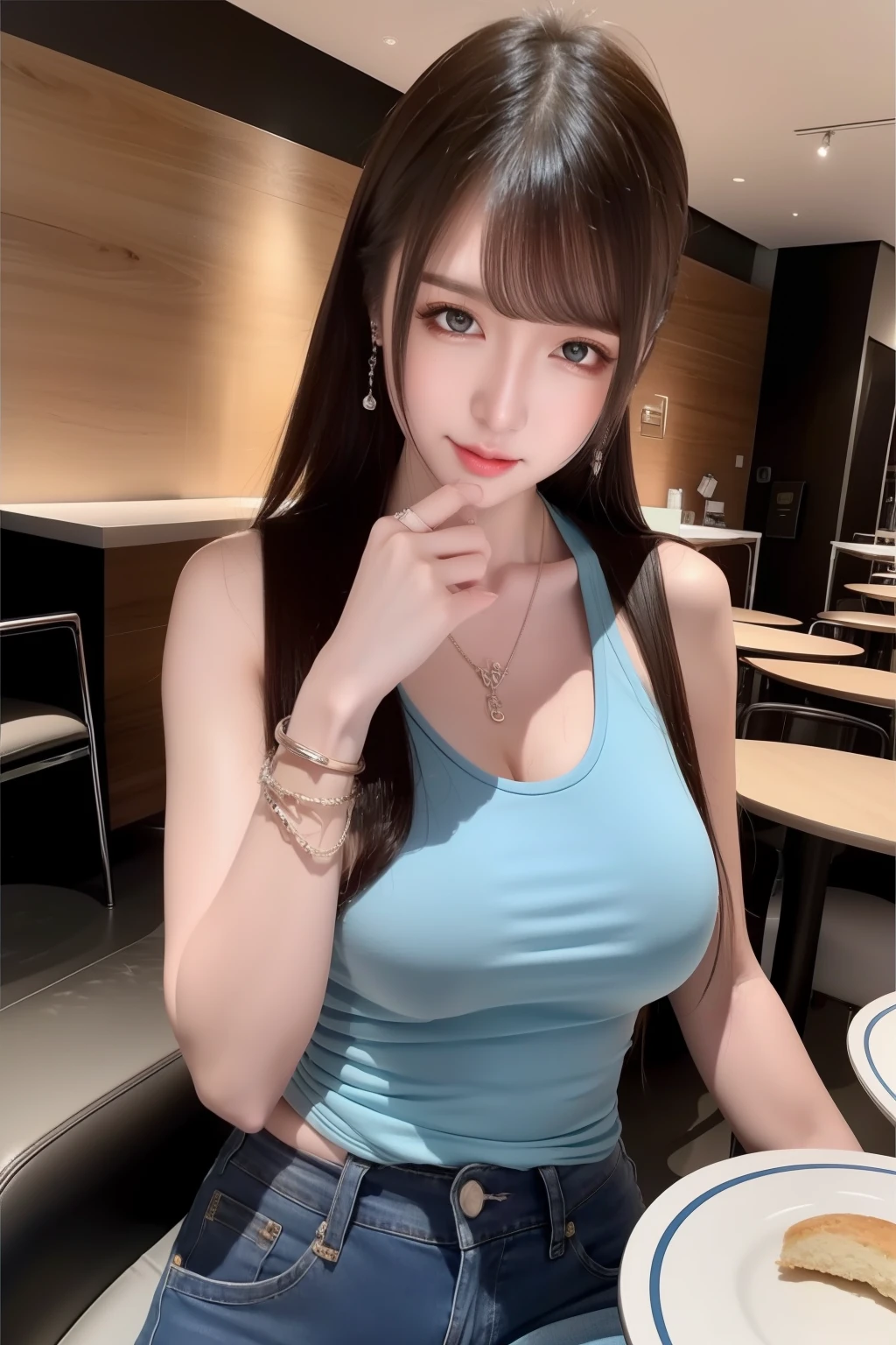 （realisticlying， A high resolution：1.3）， 1 girl with a perfect body， Super fine face and eyes，long whitr hair， Tank top of random colors：1.2， short jeans pants， in a cafe， Coffee on the table， huge tit，