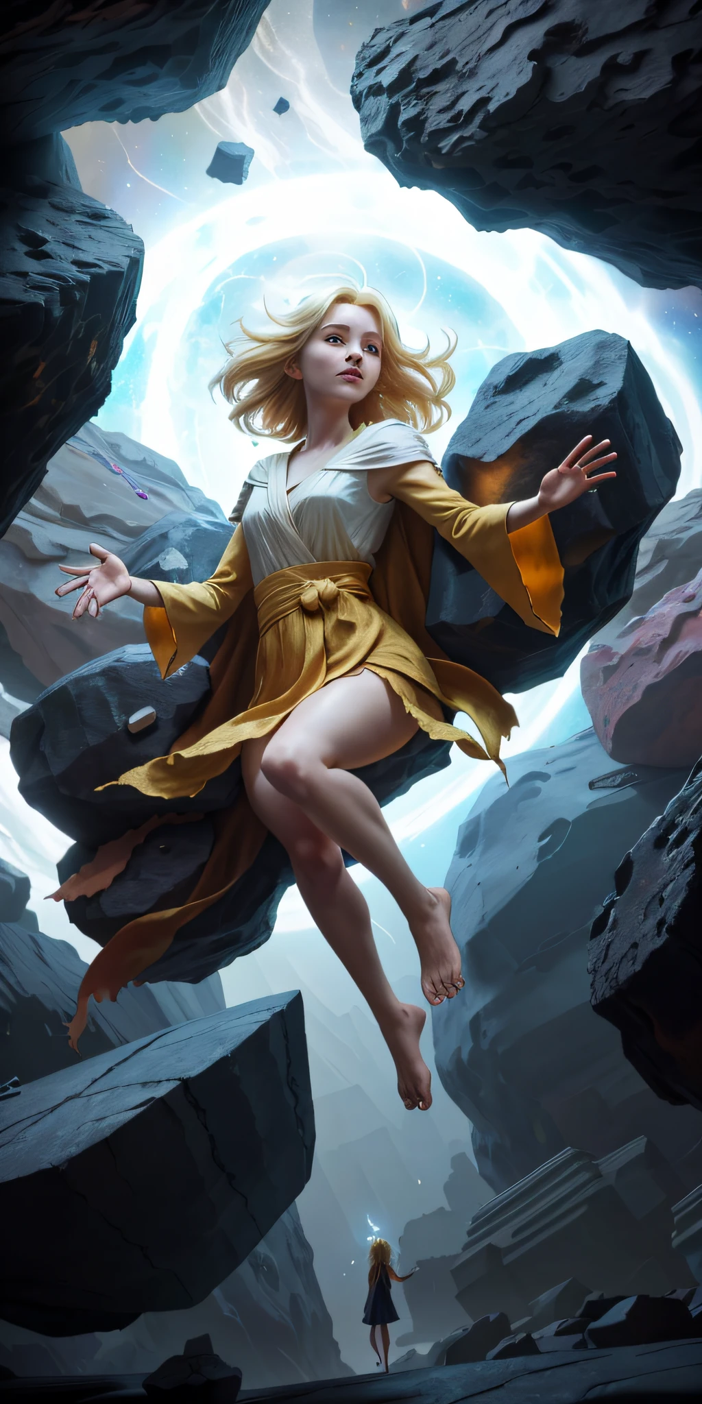 female barefoot summoner levitating with blonde hair robes and cape arms lifted up over a broken earth bright lava light from below asteroid field (jagged rocks boulders and debris shooting into the air:1.3) (windy dust debris storm:1.1) volumetric fog mist ray tracing z pass bright light from below, (masterpiece) (best quality) (detailed) (8k) (cinematic lighting) (sharp focus) (intricate)