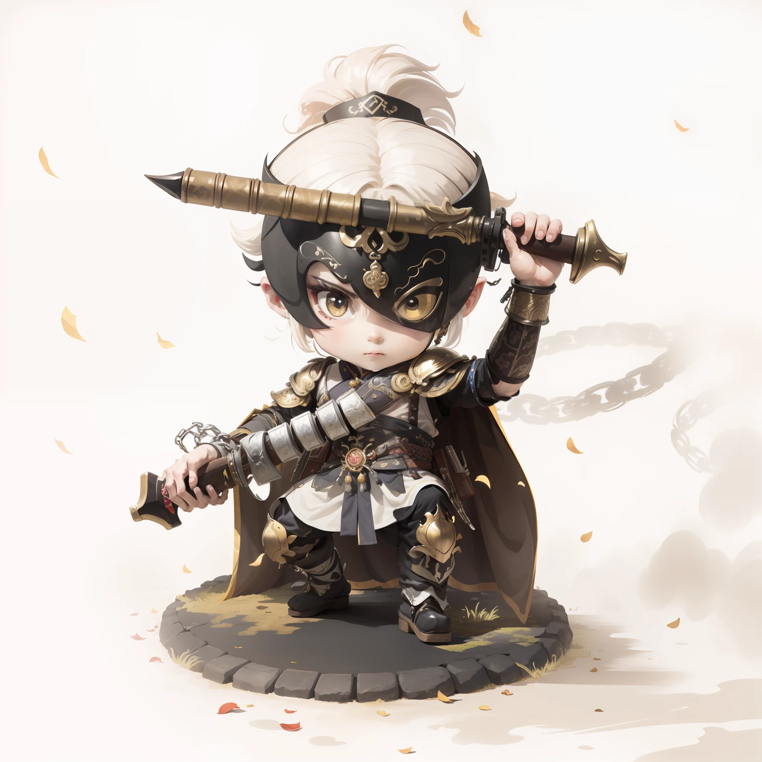 male people,Male characters,tchibi,Bad,Arms,Dual weapons,Ancient Chinese weapons,The handle has a delicate pattern,Shoulder blades,metal breastplate,chainmail,Animal pattern cuirass,chest plate,Bracers,Flowing hem,China-style,Chinese-style clothing,Chinese shoes,There are beautiful patterns on the weapon grips,Refinement,Fine painting,Refinement,infinite details,high definition detail,Patterned,Pattern,Blank background,Bright colors,Metal edging