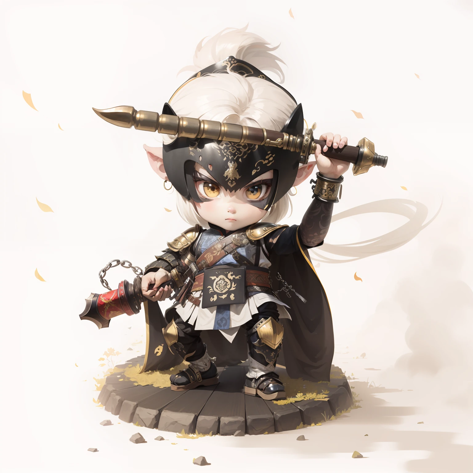 male people，Male characters，tchibi，Bad，Arms，Dual weapons，Ancient Chinese weapons，The handle has a delicate pattern，Shoulder blades，metal breastplate，chainmail，Animal pattern cuirass，chest plate，Bracers，Flowing hem，China-style，Chinese-style clothing，Chinese shoes，There are beautiful patterns on the weapon grips，Refinement，Fine painting，Refinement，infinite details，high definition detail，Patterned，Pattern，Blank background，Bright colors，Metal edging