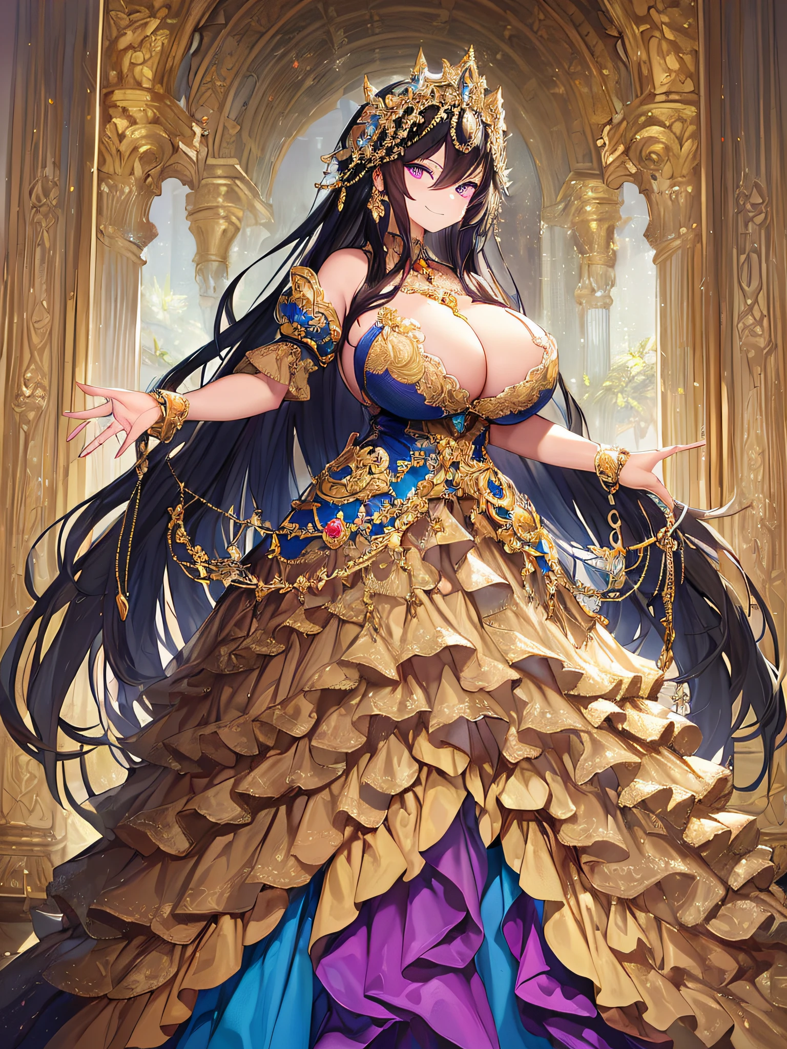 ((anime artstyle)),(Masterpiece),(Best Quality), (Super Detail),((Very Delicate and Beautiful)),((Solo)),((full body)),(((1 arrogant holy princess in gorgeous and brightly colored gorgeousfull rococo dress))),(Purple eyes),Sharp eyes,detailed face and eyes,jewel-like eyes,(arrogant),((smirk)),((voluminous Very Long Hair,Straight Hair)),black hair,((Bangs between eyes)),((gigantic tits,Long tits)),curvy,skindentation,(gorgeousfull embroidery and lace),gorgeous corsage,See-through,gorgeousfull hair ornament,gorgeousfull glitter jeweled tiara,ornate ruffles,((full body)),((hoop skirt,crinoline)),Dynamic Angle,Looking at viewer,(((gorgeous and brightly colored gorgeousfull rococo dress)),full body