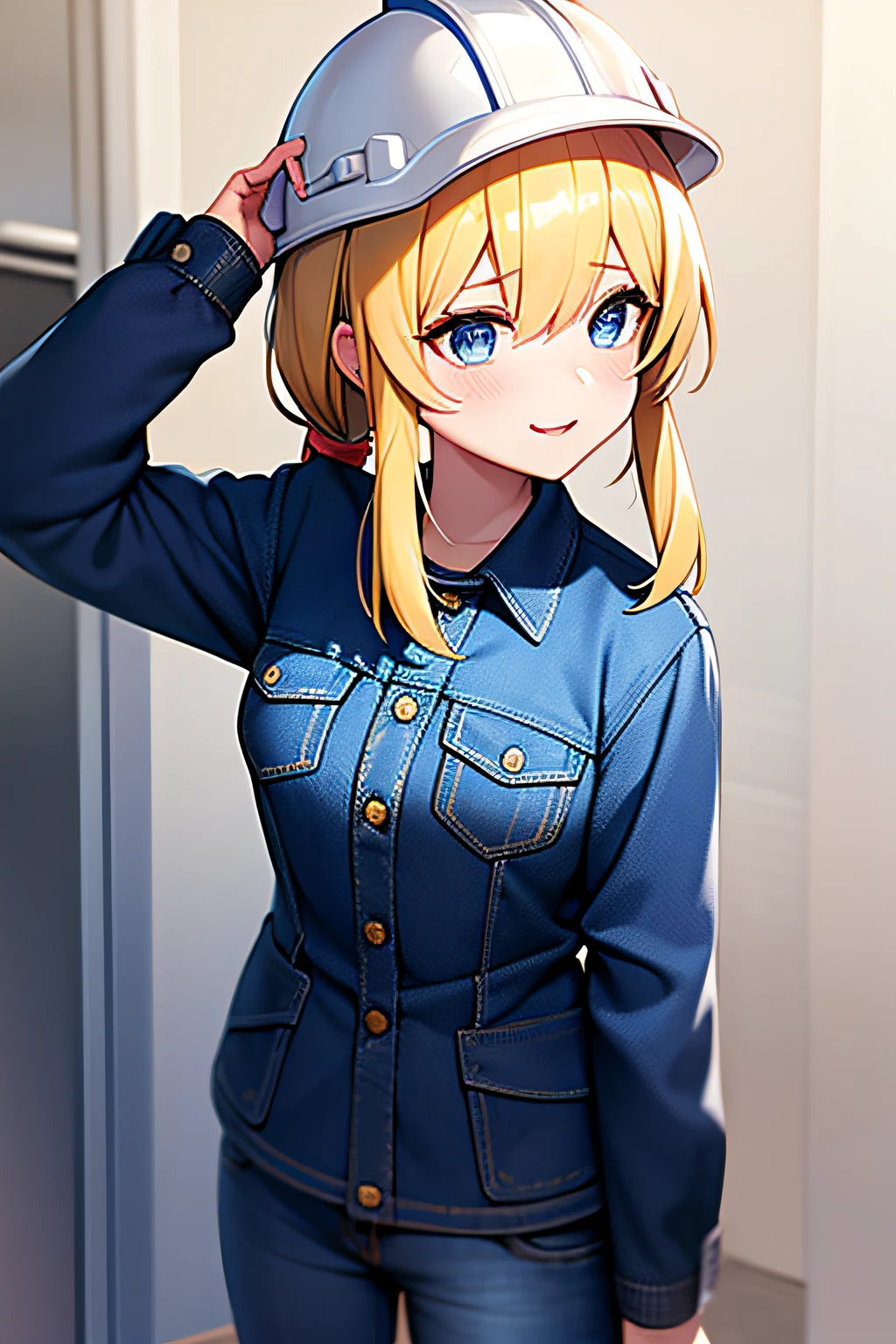 yellow  hair、The upper part of the body, Upp, 1girl in, 独奏, blue eyess, length hair, low twintails, hair between eye, Look at viewers, Opening Mouth, a smile, , red blush, simple background,Engineers,white hard hat、Wear a white helmet,Put on work clothes、Wearing blue Jeans jacket、engineer、Construction helmet、Chinstrap