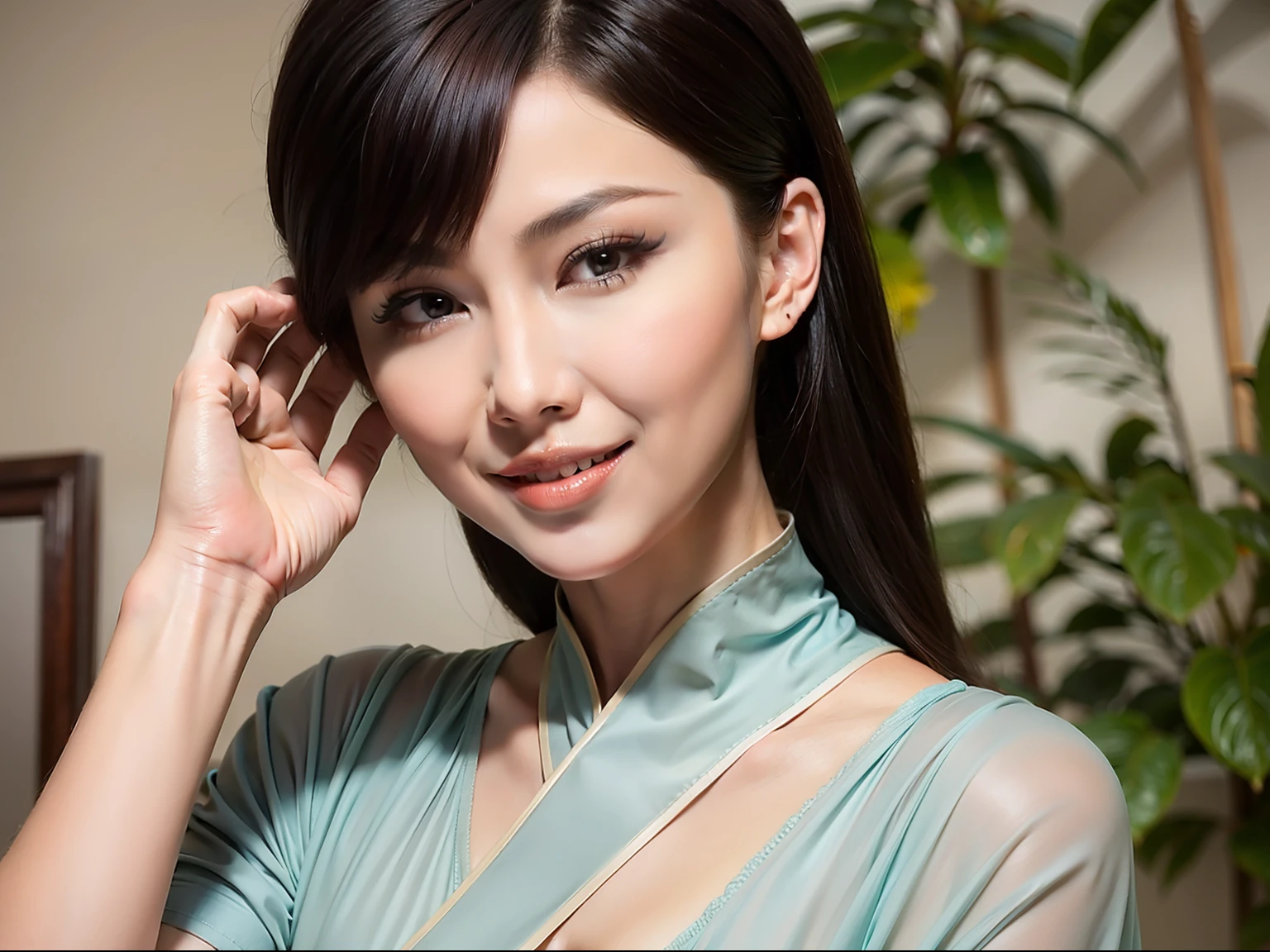 Fashion model 20 years old [[[[closeup cleavage]]]], [[[[boobgasm]]]], [[[[coll]]]], [[[[bshoulders]]]], perfect  eyes, Perfect iris，Perfect lips，perfect teeth，Perfect skin，Long face，slender nose，tall nose bridge，Soft front light，hdr，Movie girl，on cheongsam，long whitr hair，Long hair with a shawl，Long hair like a waterfall，Green trees and flowers in the background，（pastel colour：1.2）
