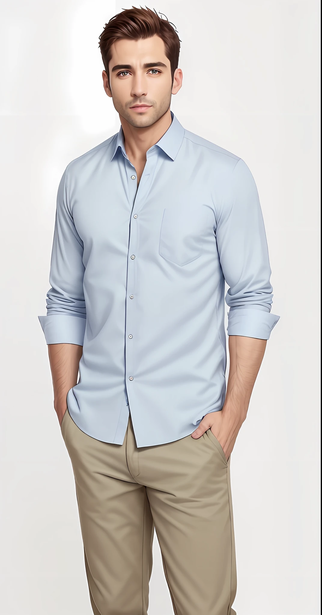 A man in a blue shirt and khaki pants standing with his hands in his pockets, vestindo uma camisa de linho, vestindo uma camisa azul clara, button up shirt, vestindo uma camisa clara, camisa azul, vestindo camisa, button - up shirt, summer shirt, Camisa Vestida, camisa de gola, Camisa, azul-claro, Camisa comprida, vestindo uma camisa, Azul claro