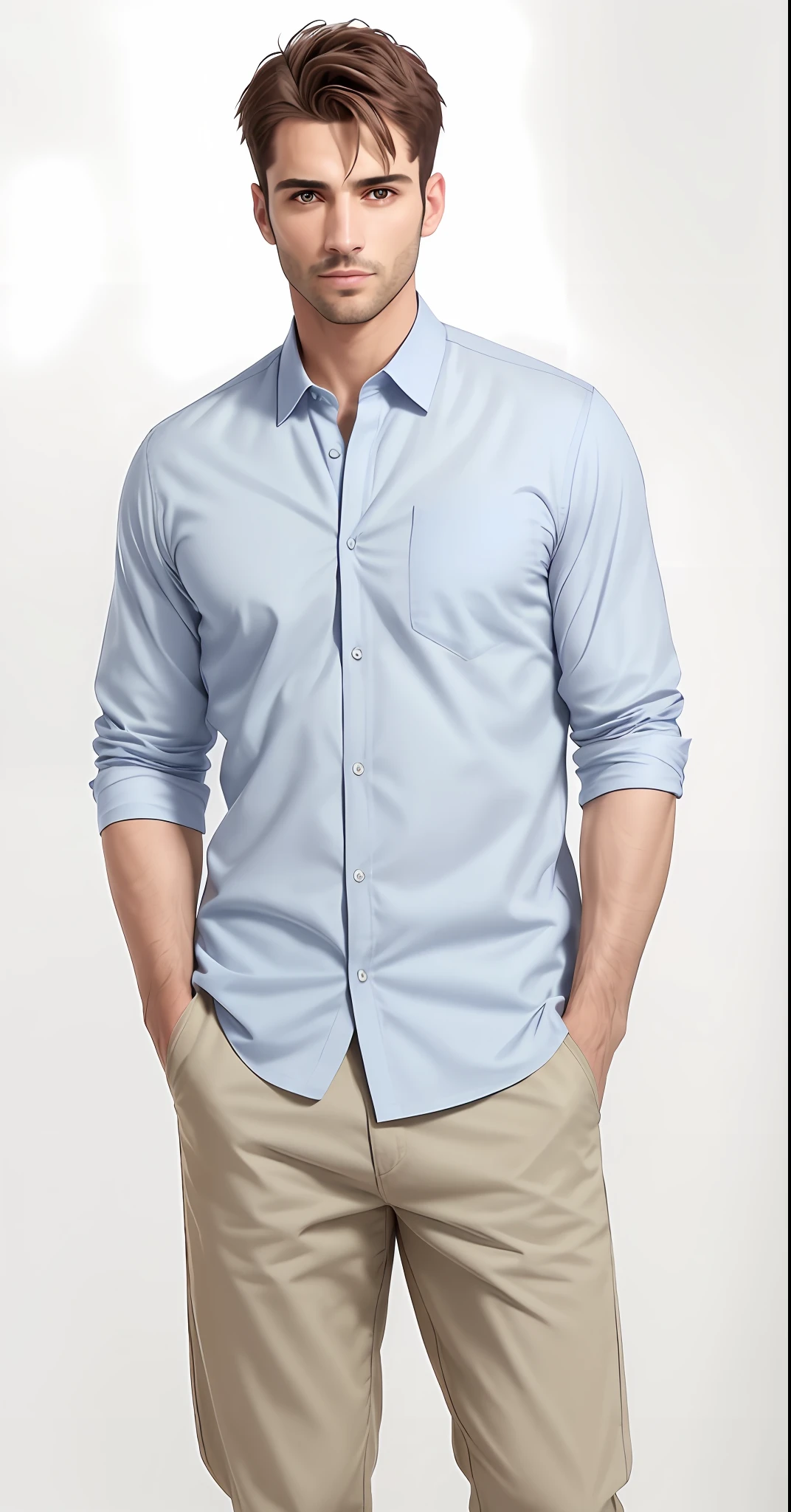 A man in a blue shirt and khaki pants standing with his hands in his pockets, vestindo uma camisa de linho, vestindo uma camisa azul clara, button up shirt, vestindo uma camisa clara, camisa azul, vestindo camisa, button - up shirt, summer shirt, Camisa Vestida, camisa de gola, Camisa, azul-claro, Camisa comprida, vestindo uma camisa, Azul claro