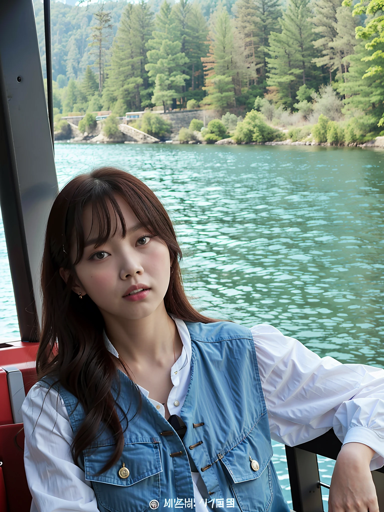 The Arapei woman sat on the boat and looked at the water, Shin Jinying, lalisa manobal, tzuyu from twice, bae suzy, lalisa manoban of blackpink, headshot profile picture, Choi Hyun-hwa, ulzzangs, xintong chen, On a boat, inspired by Ma Yuanyu, chiho，Low-cut clothing，Slip dress，blacksilk