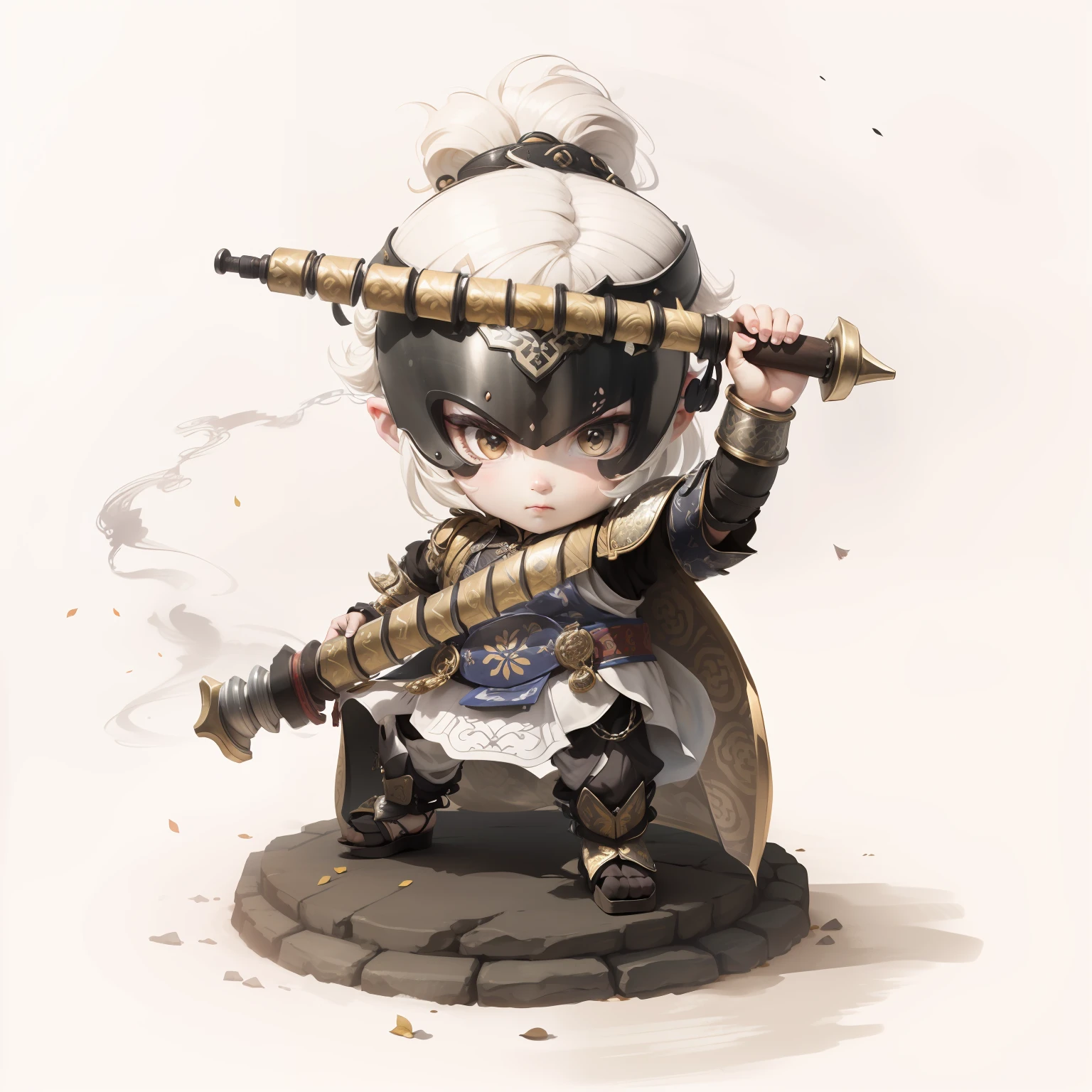 male people,Male characters,tchibi,Bad,Arms,Double weapon,Ancient Chinese weapons,The handle has a delicate pattern,Shoulder blades,metal breastplate,chainmail,Animal pattern cuirass,chest plate,Bracers,Flowing hem,China-style,Chinese-style clothing,Chinese shoes,There are beautiful patterns on the weapon grips,Refinement,Fine painting,Refinement,infinite details,high definition detail,Patterned,Pattern,Blank background,Bright colors,Metal edging