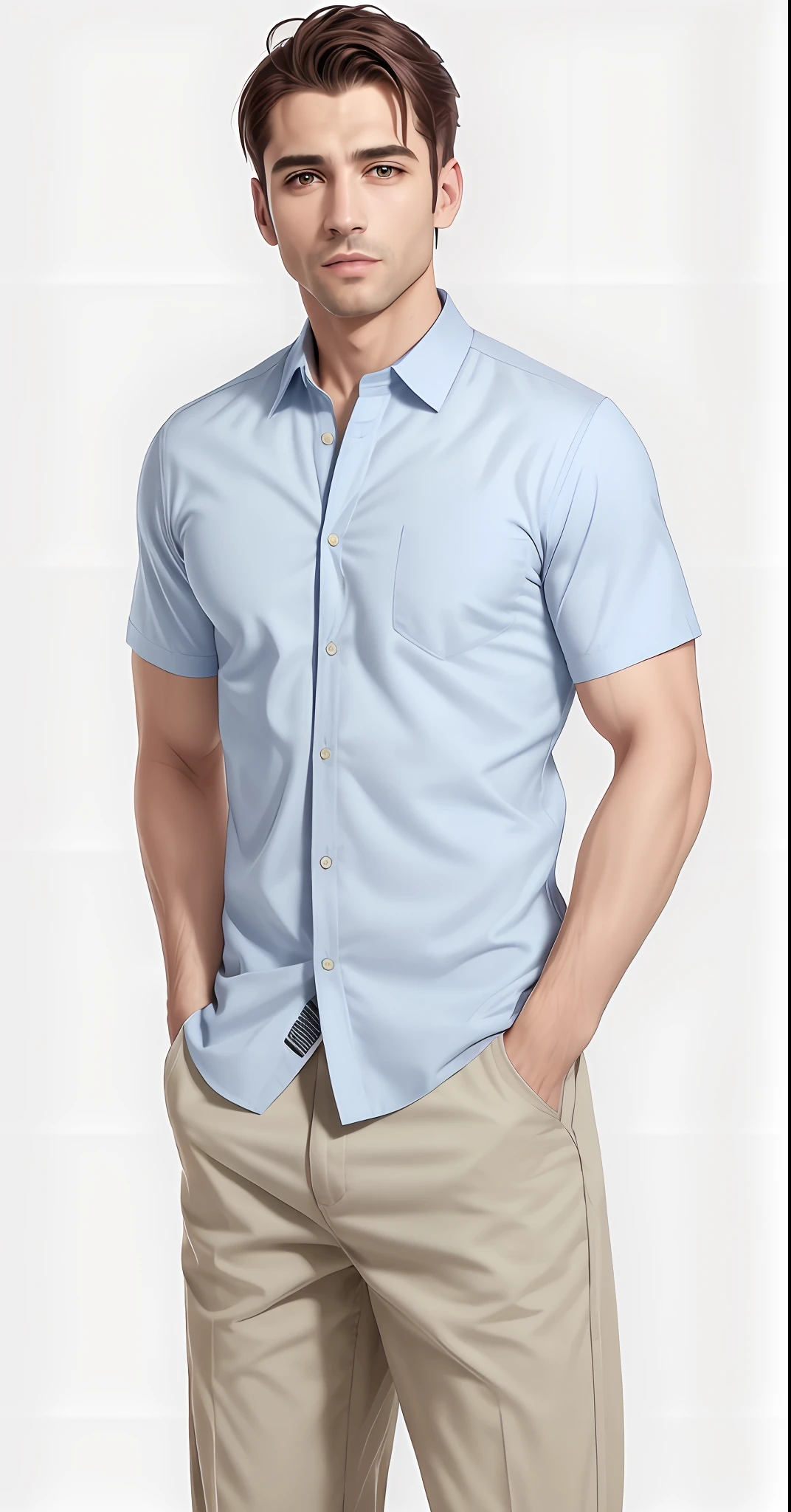 A man in a blue shirt and khaki pants standing with his hands in his pockets, vestindo uma camisa de linho, vestindo uma camisa azul clara, button up shirt, vestindo uma camisa clara, camisa azul, vestindo camisa, button - up shirt, summer shirt, Camisa Vestida, camisa de gola, Camisa, azul-claro, Camisa comprida, vestindo uma camisa, Azul claro