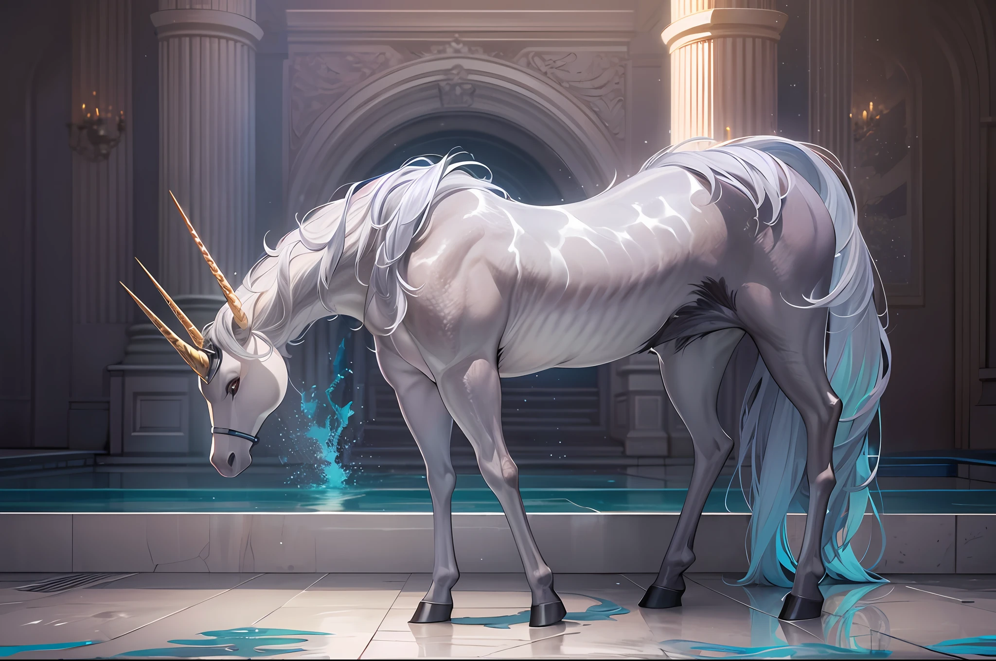 a nobal unicorn, with sliver fur, look at the sky, its horn is covered with lighting, its body release faint blue light, a holy light from the sky toward its back, on the beautiful pool, wide shot, blurry, god rays, ray tracing, reflection light, masterpiece, high quality, high details, best quality, ccurate, anatomically correct, textured skin, UHD, 1080P