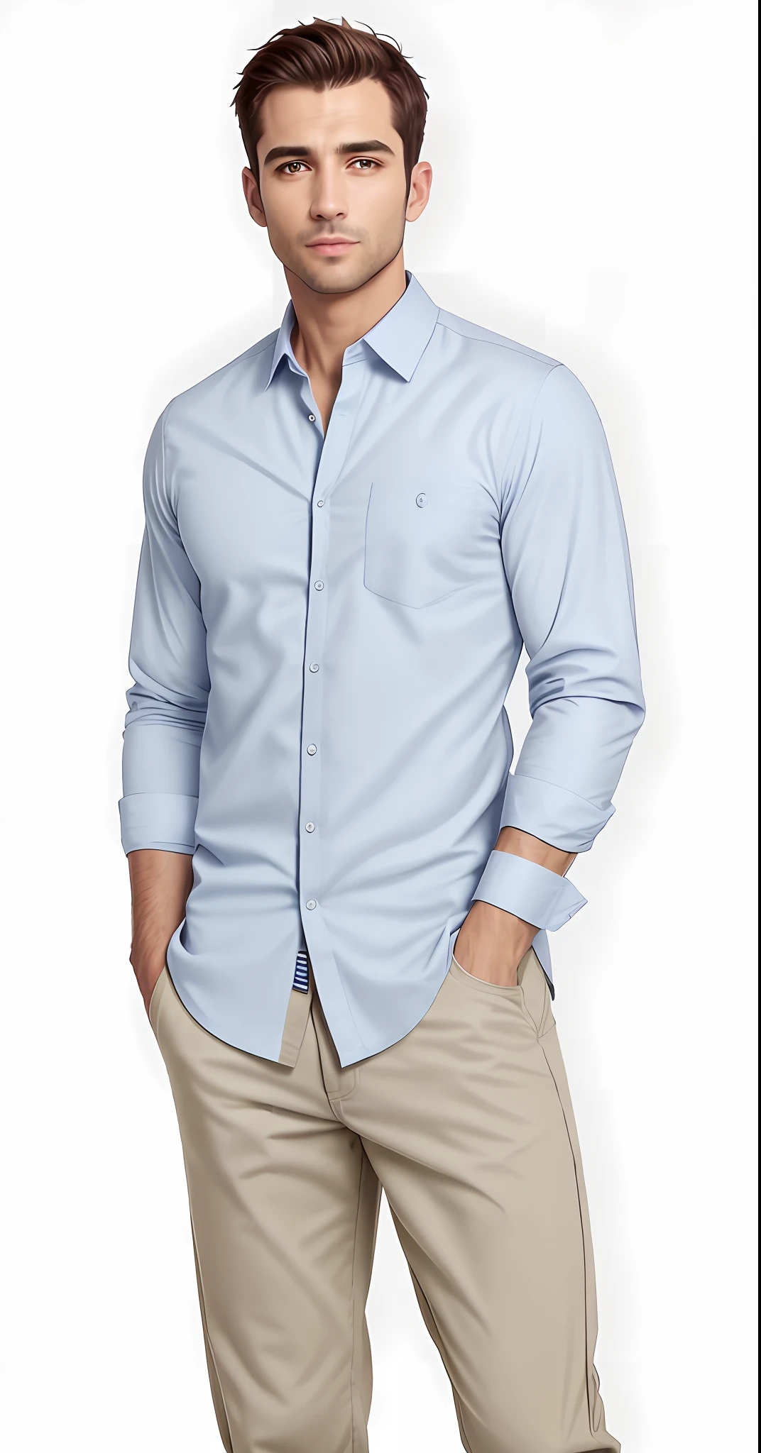 A man in a blue shirt and khaki pants standing with his hands in his pockets, vestindo uma camisa de linho, vestindo uma camisa azul clara, button up shirt, vestindo uma camisa clara, camisa azul, vestindo camisa, button - up shirt, summer shirt, Camisa Vestida, camisa de gola, Camisa, azul-claro, Camisa comprida, vestindo uma camisa, Azul claro