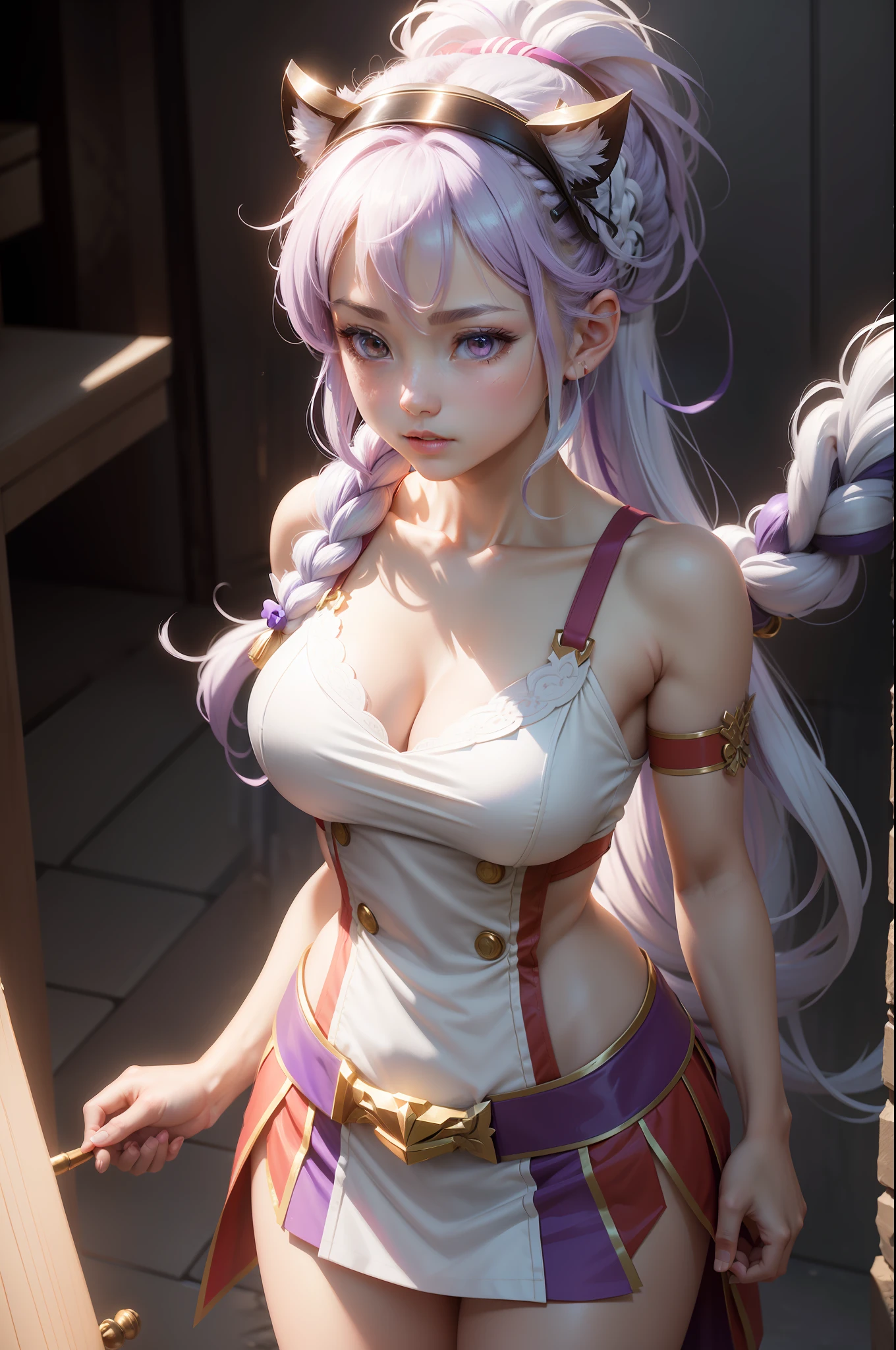 A girl wears a bell on her head，Hair combed into a ponytail with a gradient of white to purple，Double up braid，Pair it with a red butterfly hair ornament and a white headband。The painting style presents the effect of cubism and pointillism，Full of anime-style feeling。The contrast between light and dark is prominent，The lighting effects are cinematic，Glowing light，Ray tracing and backlighting create the effect of a chest map。The graphics are dominated by mobile charts and a first-person perspective，Shot with Sony FE GM camera，Render Ultra HD in 16K resolution，The skin texture is highly detailed，Deliver the best quality images。