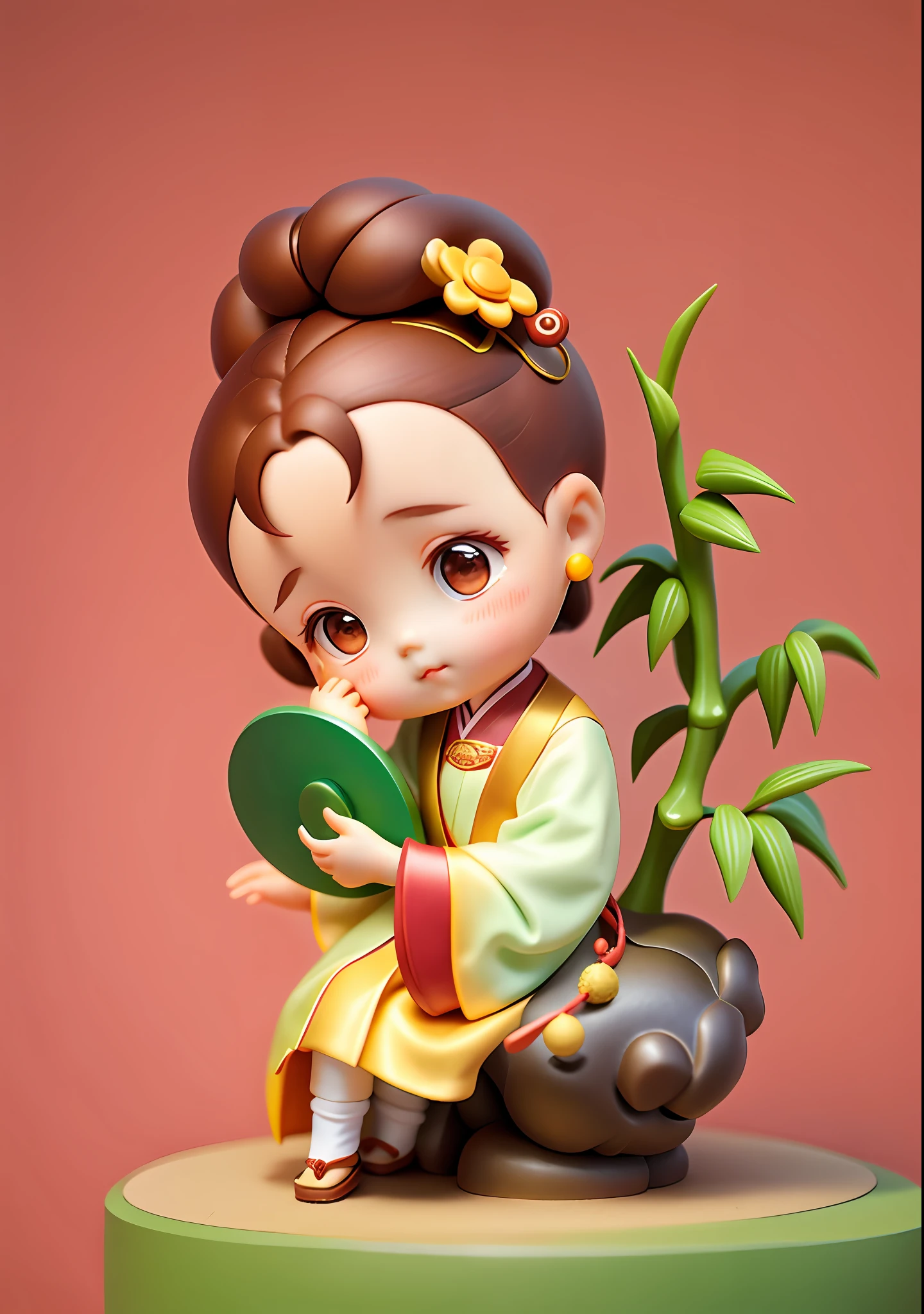 a blind box toy，A cute antique  girl，cute  face，Brown hair long，Coiled hair，wearing a hanfu，sitting on the stone，Holding a mirror in his hand