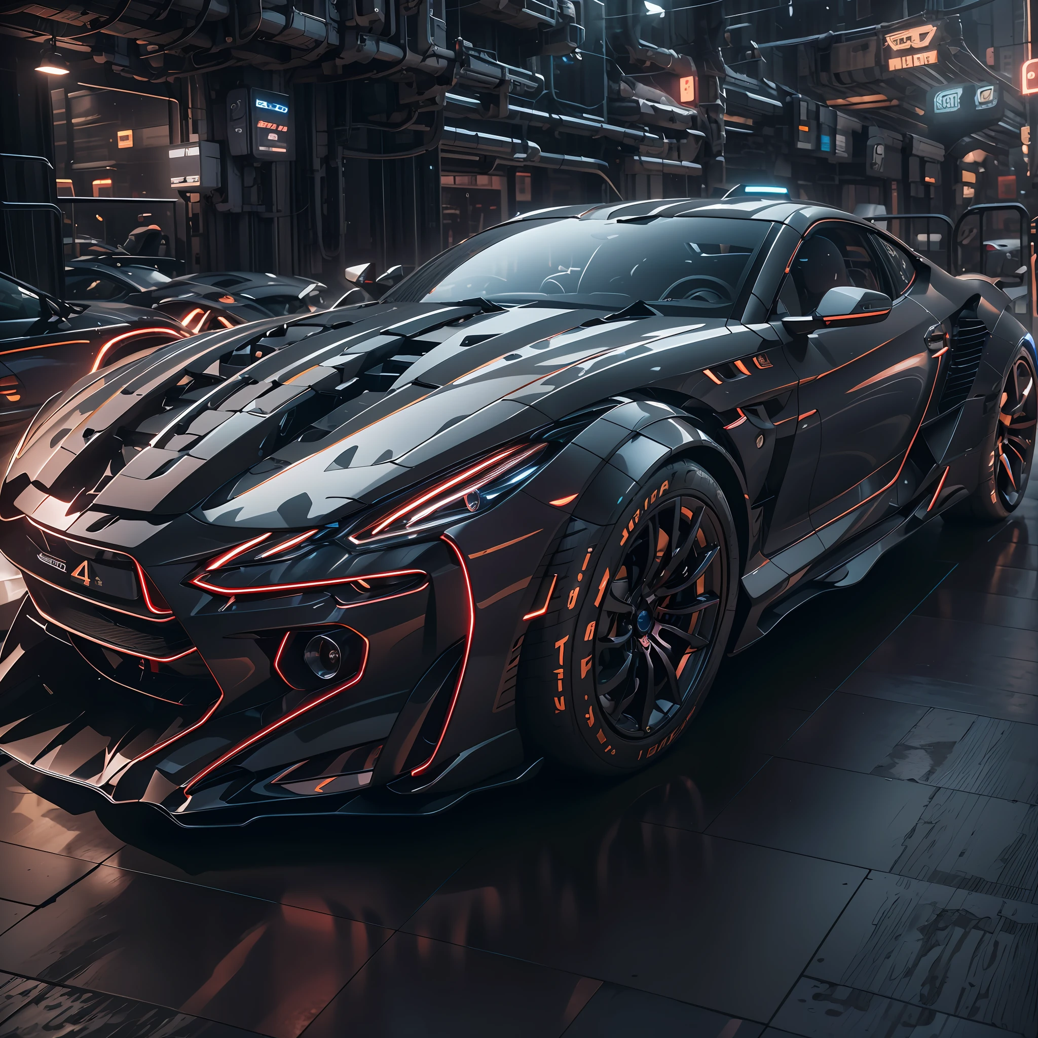 A sports car，mechs，Background cyberpunk，Best picture quality，High chiaroscuro，Cinematic texture，C4D render，Sharpen 1.4，Strong realism，The metal material is real，High detail and ultra-high image quality1.5，16K resolution，