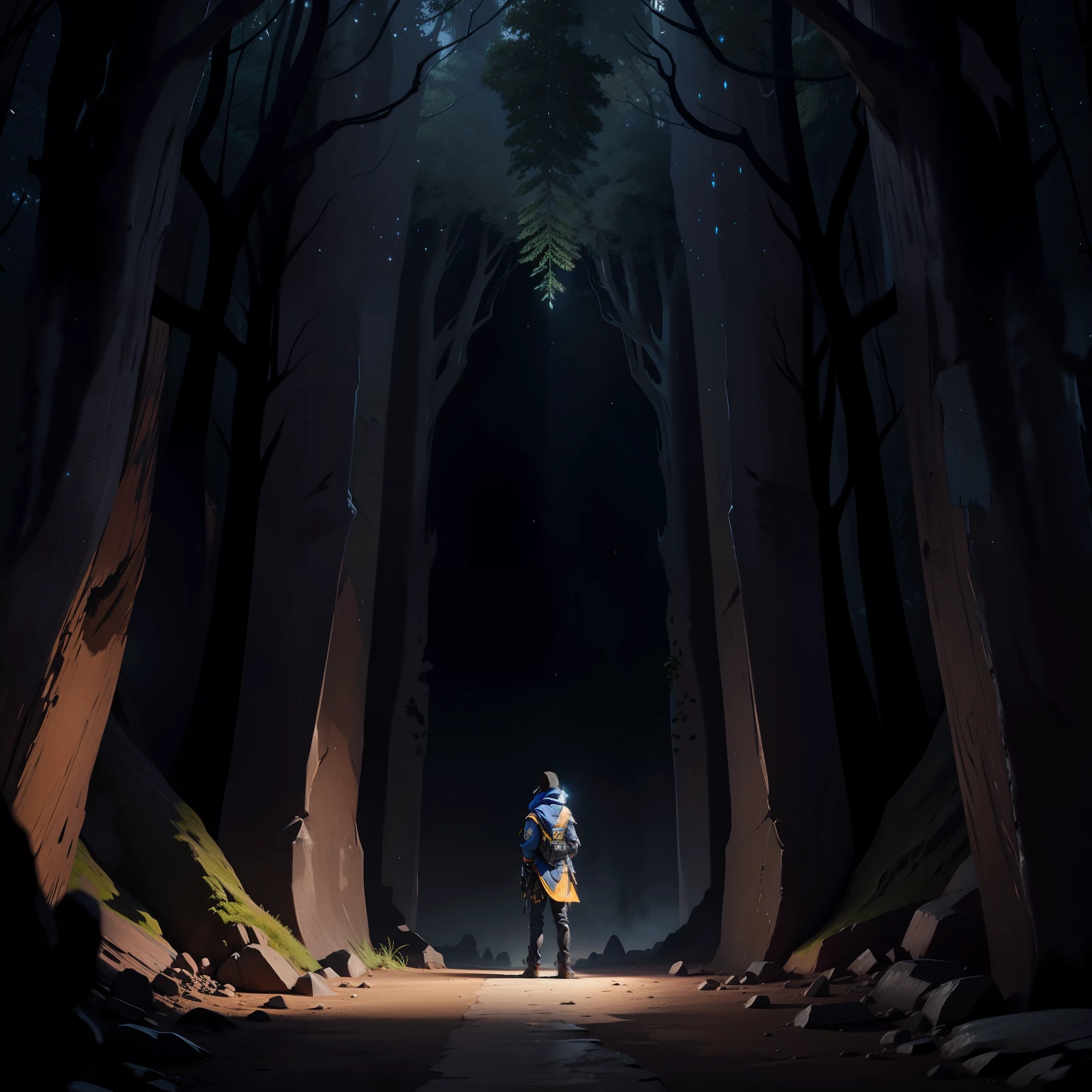 mtu，are standing，Look at a dark cave in front of you，It is lined with tall trees