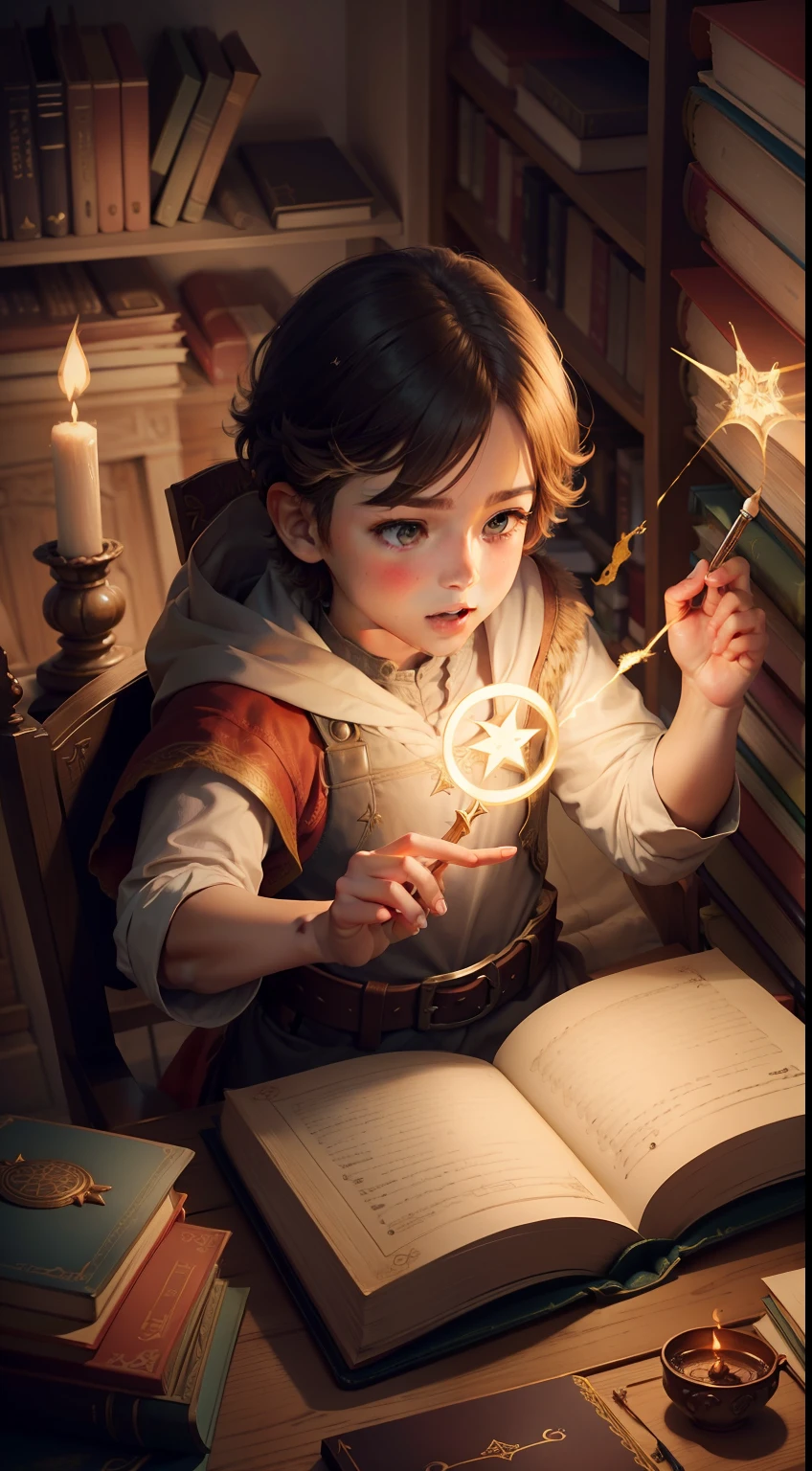 Illustrate Alex casting the magical spell from the ancient book.