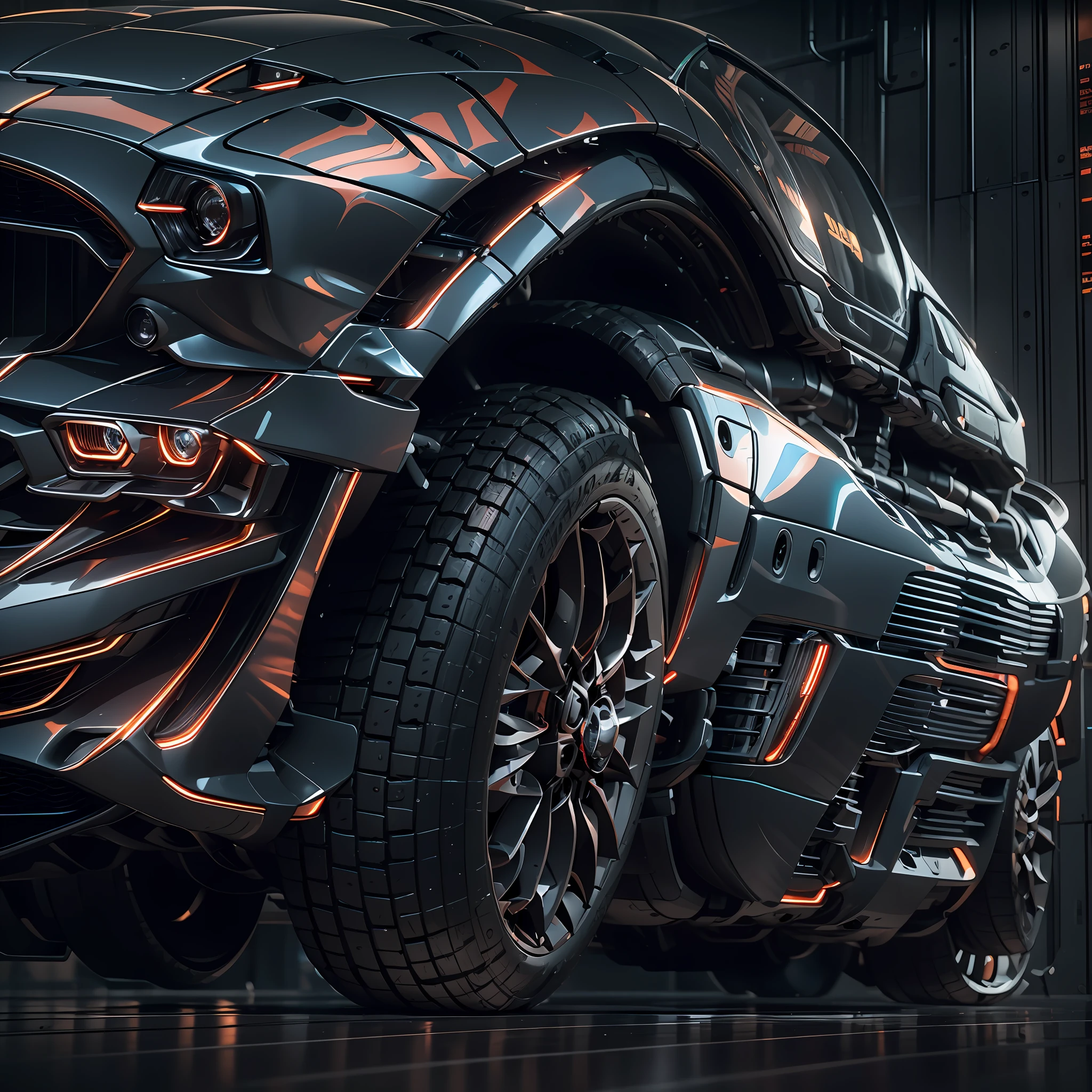 A sports car，mechs，Background cyberpunk，Best picture quality，High chiaroscuro，Cinematic texture，C4D render，Sharpen 1.4，Strong realism，The metal material is real，High detail and ultra-high image quality1.5，16K resolution，