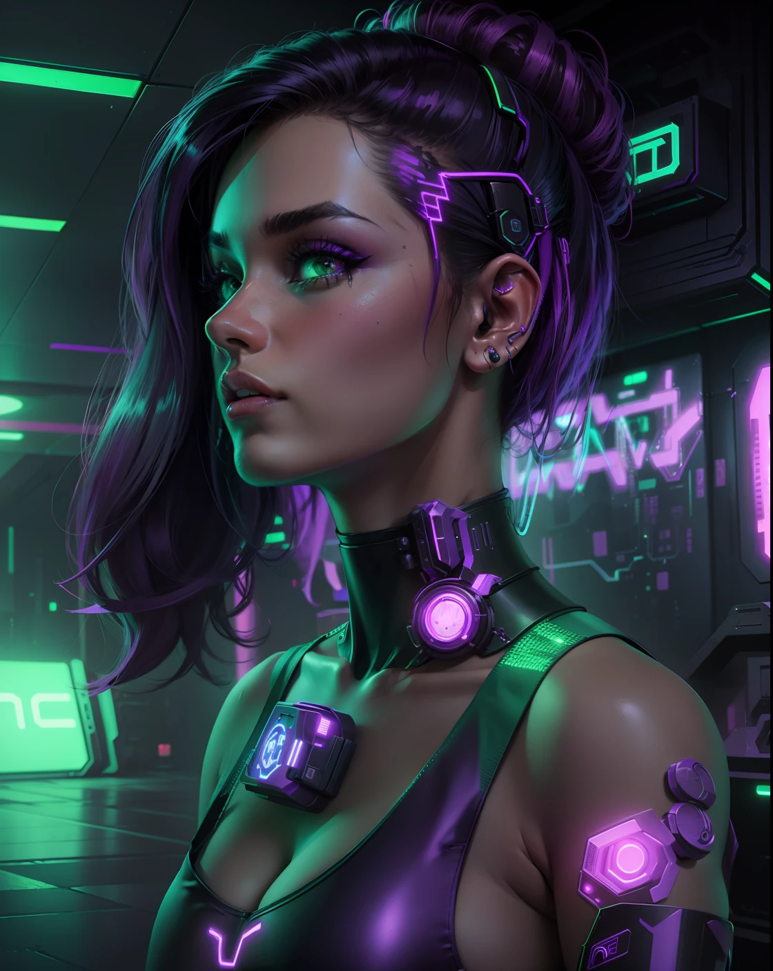 Judy alvarez, cyberpunk, girl, neon lights, beutiful, green, purple, black