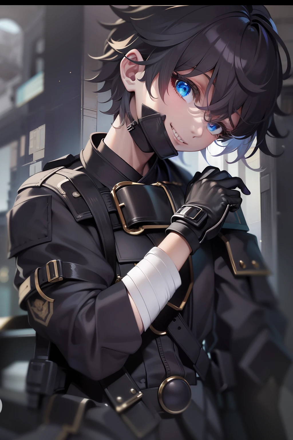 "Handsome boy:short detailed hair,Bow knot,Black high-tech combat suit,Smile Expression。Tall and mighty,Sharp eyes,Mysterious psychopathy。Close-up of the whole body,Long boots。Urban background,White gauze collar,Bandages are tied around the neck and wrists。"