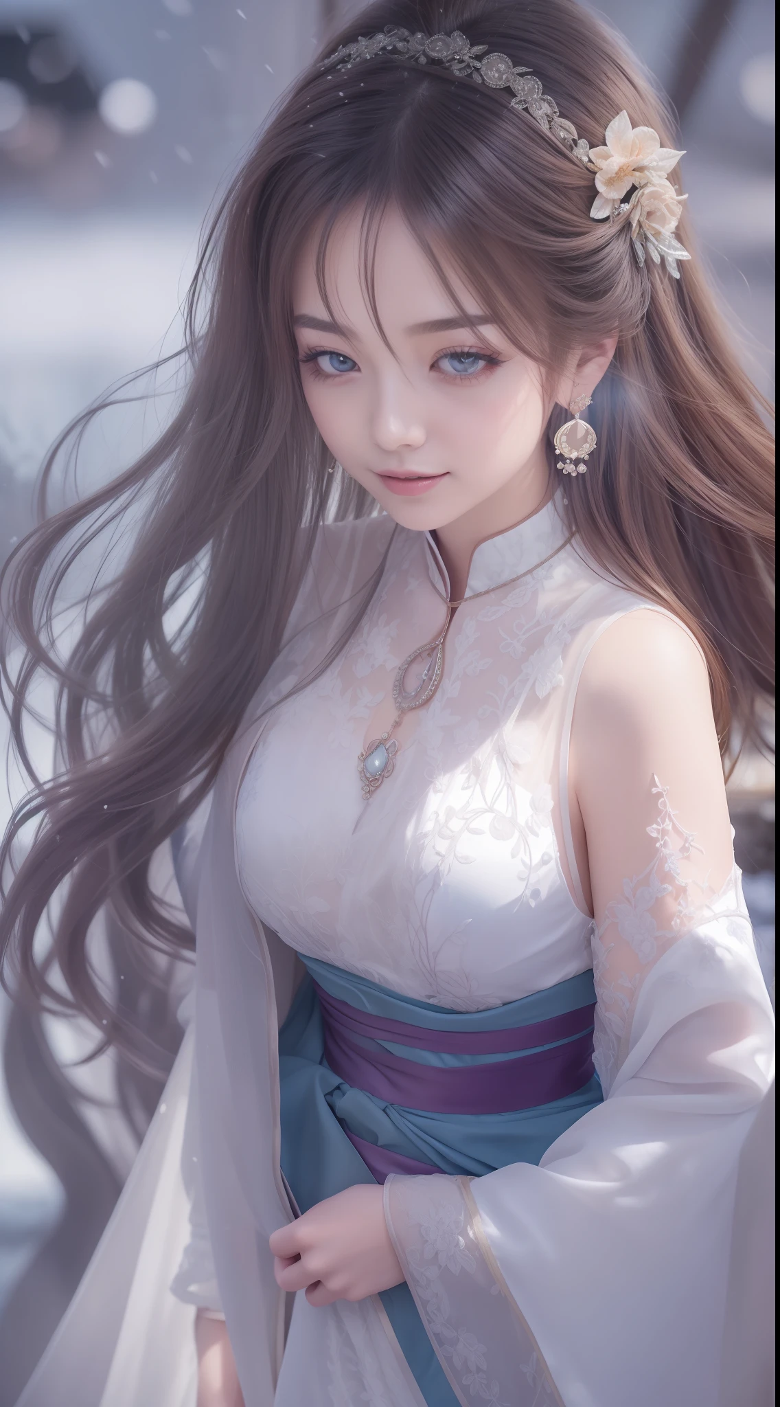 Best quality, Masterpiece, A high resolution, 1girll, Sheer silk porcelain dress, Cotton robe, hair adornments, Smile, Closed mouth,Lips, dress,hair adornments, necklace, jewelry, Chinese clothes, Long hair, Earrings, Detailed beautiful eyes,detailed eyelash, Beautiful face,after sexing_Body, Tyndall effect,Photorealistic, rim lit, twotonelighting,(highdetailskin:1.2), 8K Ultra HD, Digital SLR, Soft lighting, High quality, voluminetric lighting, candid, photographed, high resolution, 4K, 8K, Bokeh, on the garden, Falling snow, winter