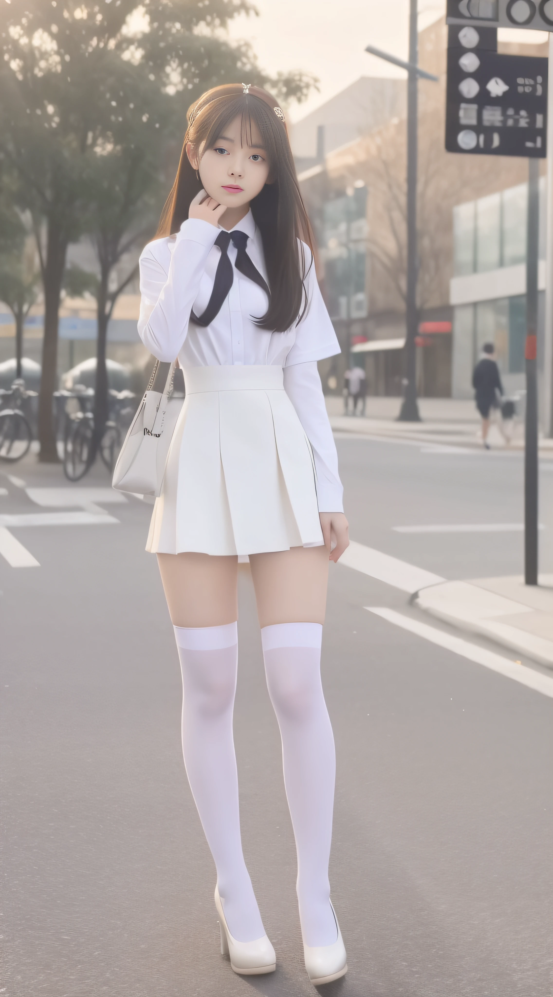 Pure white color scheme,Student uniform,JK school uniform,Female pervert,Uniform heels,(Full Focus),(Full body shot :2),Must have stockings,Stockings at least knee-length,Puzzles are prohibited, Detailed and complex background, glittery, reflective light, hyper HD, Award-Awarded, A high resolution, High detail, Chiaroscuro, Cinematic lighting, Masterpiece, Ray traching,structurally correct, Super detail, High quality, High details, Best quality, 16k,anatomy correct