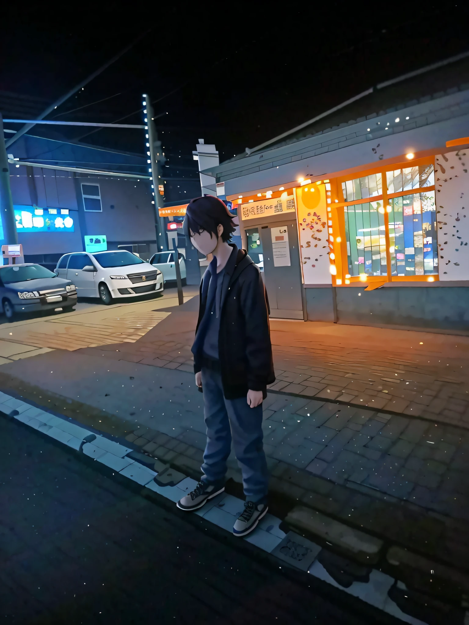 there is a man standing on the sidewalk in front of a building, which stands on the street, during night, in a street at night, in a japanese town at night, , f / 1. 9 6. 8 1 mm ISO 4 0, at night with neon lights