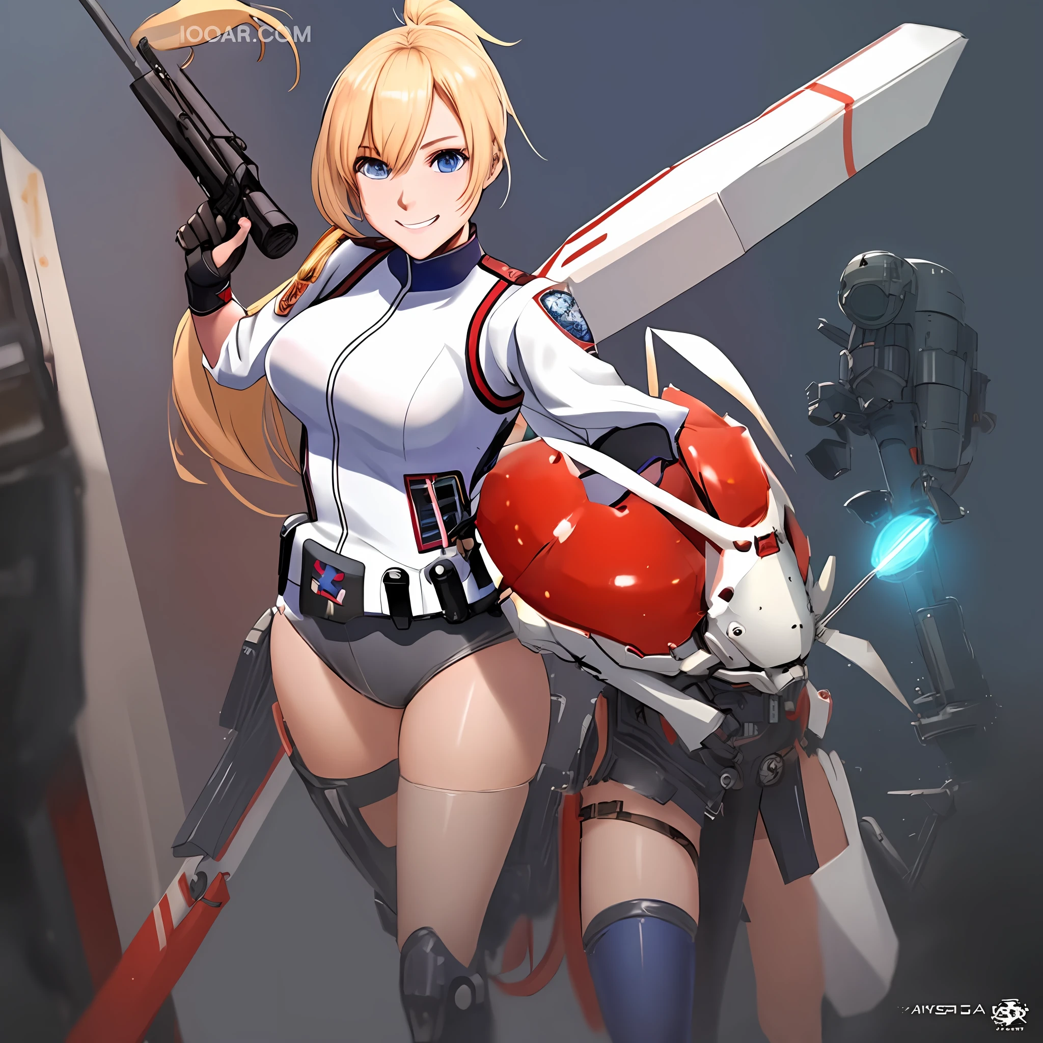 Anime girl with a gun and crab on her shoulder, android heroine, cushart kenz, portrait anime space cadet girl, female action anime girl, Mechanized soldier girl, ferra white mecha, cushart, from the azur lane videogame, a female anime character, cushart krenz key art feminine, azur lane style, official artwork