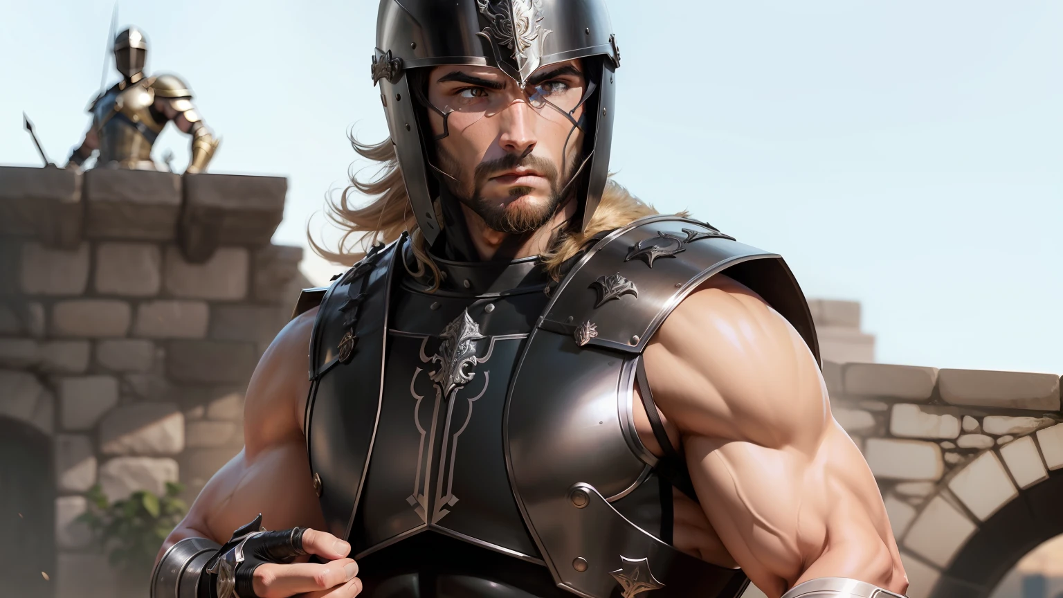 Completar imagem, estilizar, figura masculina, guerreiro grego, Aquiles, expression serious, semi-deus, armadura, realista, super realista, super detalhado, sombras, contraste, global ilumination