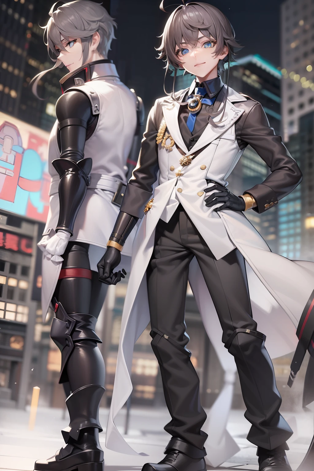 "Handsome boy:short detailed hair,Bow knot,Black high-tech combat suit,Smile Expression。Tall and mighty,Sharp eyes,Mysterious psychopathy。Close-up of the whole body,Long boots。Urban background,White gauze collar,Bandages are tied around the neck and wrists。"